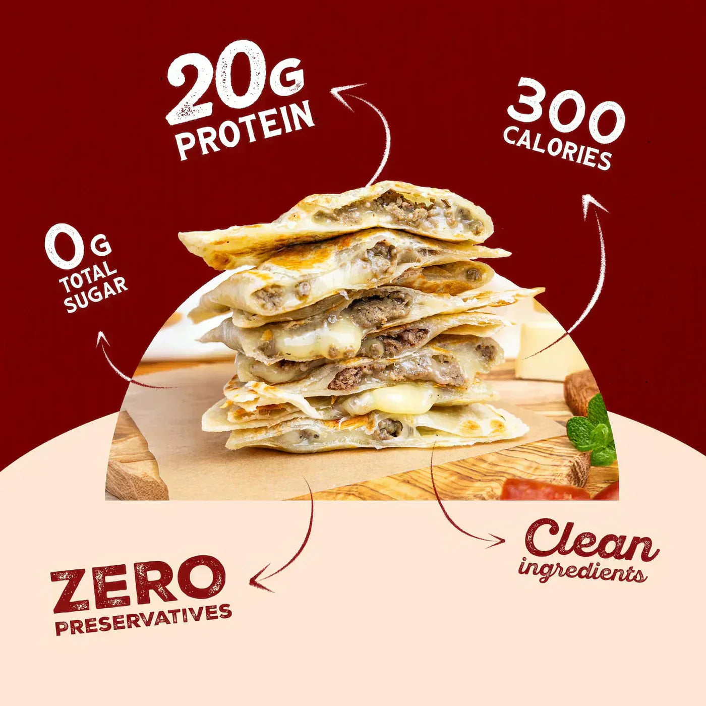 Rise and Puff quesadilla with 20g protein, 300 calories, zero sugar, clean ingredients, and no preservatives.