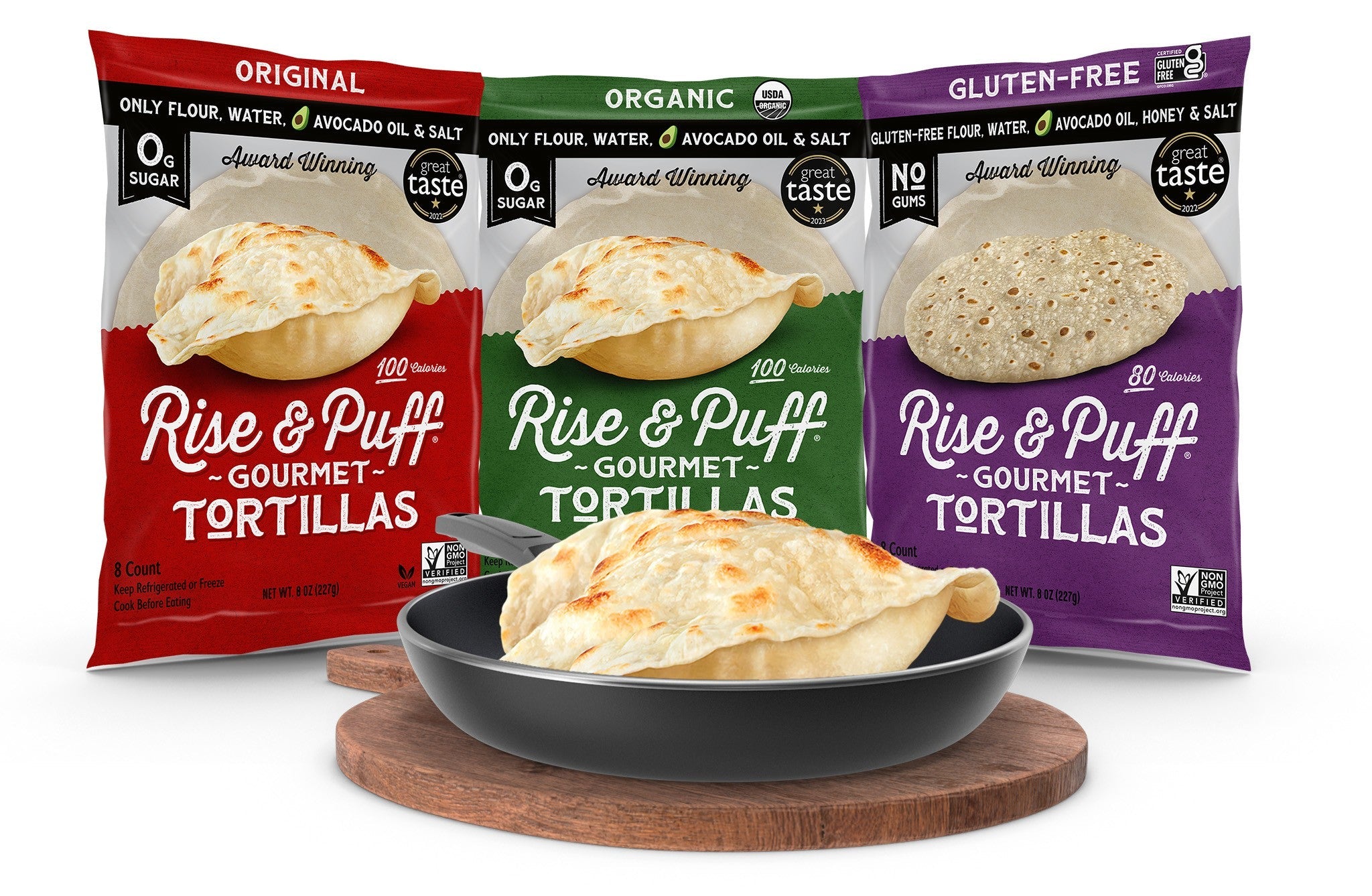 Rise & Puff gourmet tortillas in Original, Organic, and Gluten-Free packs are displayed behind freshly puffed tortillas.