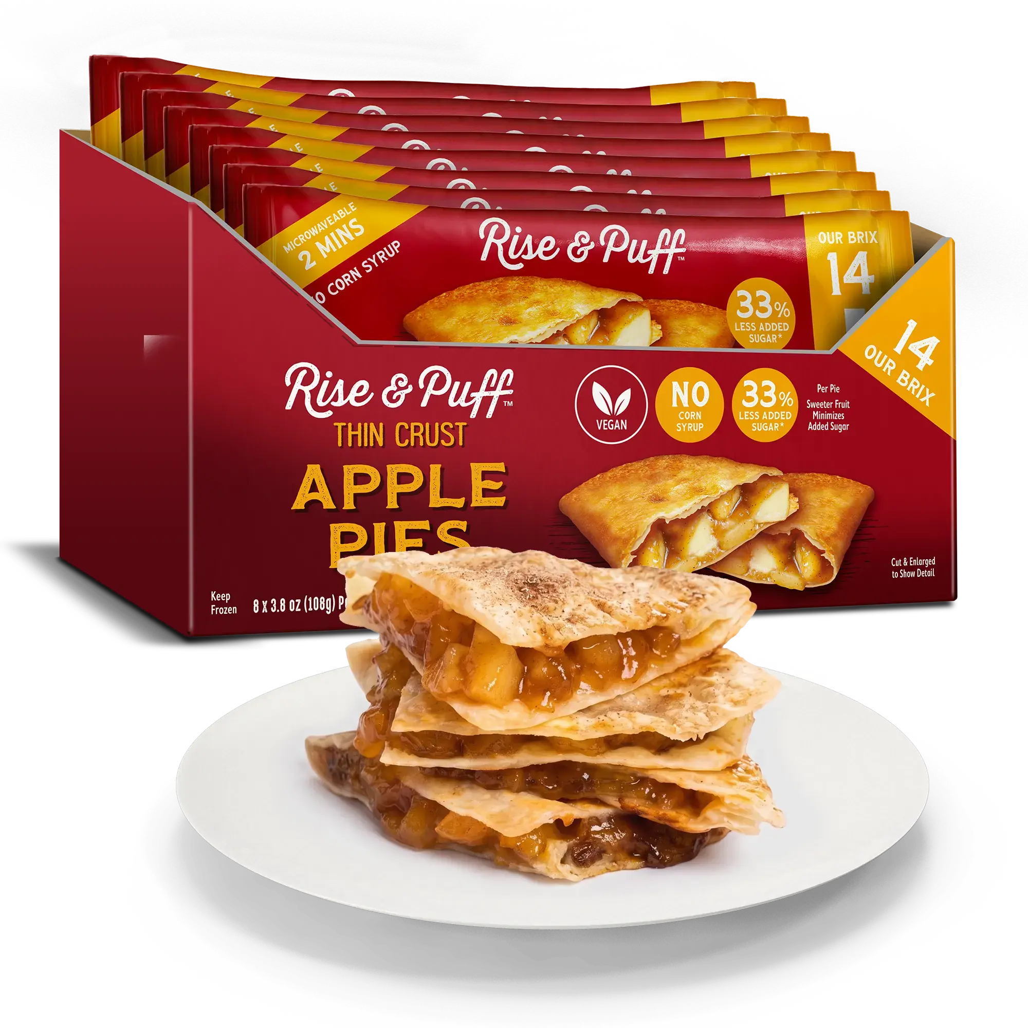Rise & Puff Thin Crust Apple Pie — frozen handheld apple pie with Saigon cinnamon and organic sugar, no corn syrup, 33% less added sugar, vegan, shown with retail box and pie on plate