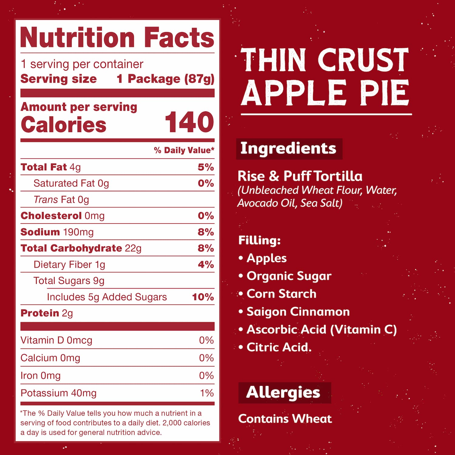 Nutrition facts and ingredients label for thin crust apple pie on a red background