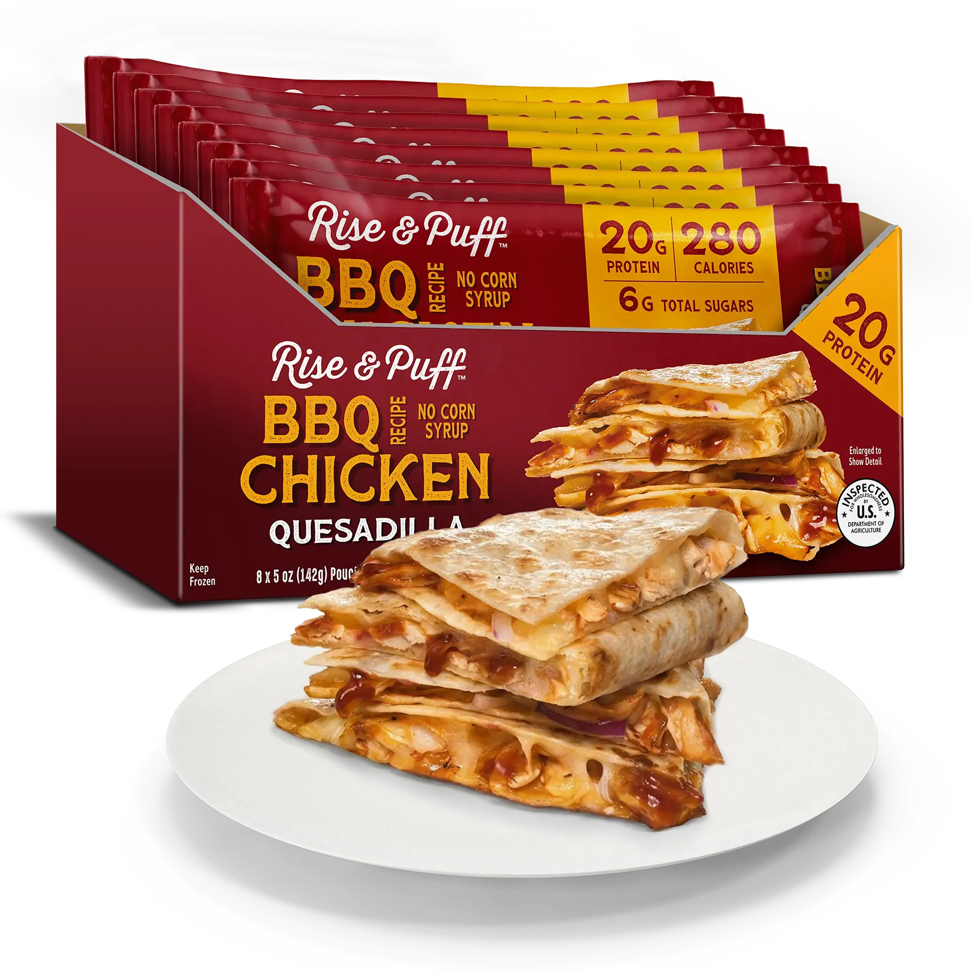 Rise & Puff BBQ Chicken Quesadilla — frozen handheld quesadilla with pulled white-meat chicken, BBQ sauce and part-skim mozzarella in a flour tortilla