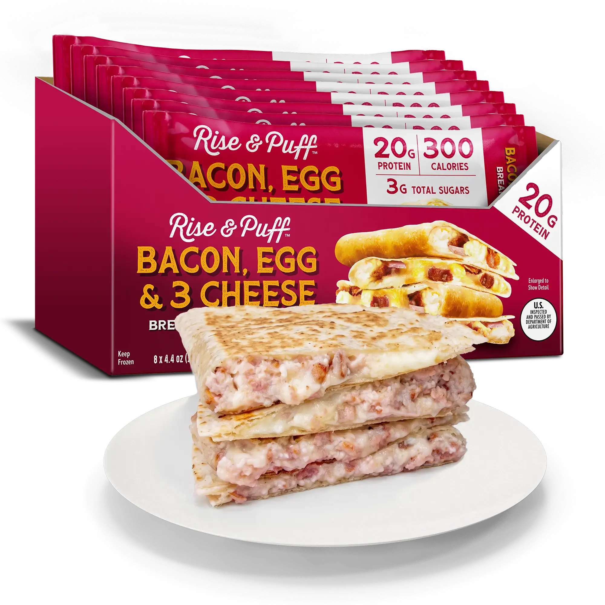 Rise & Puff Bacon, Egg & 3 Cheese Breakfast Quesadilla — frozen handheld with bacon, egg whites and reduced-fat cheeses