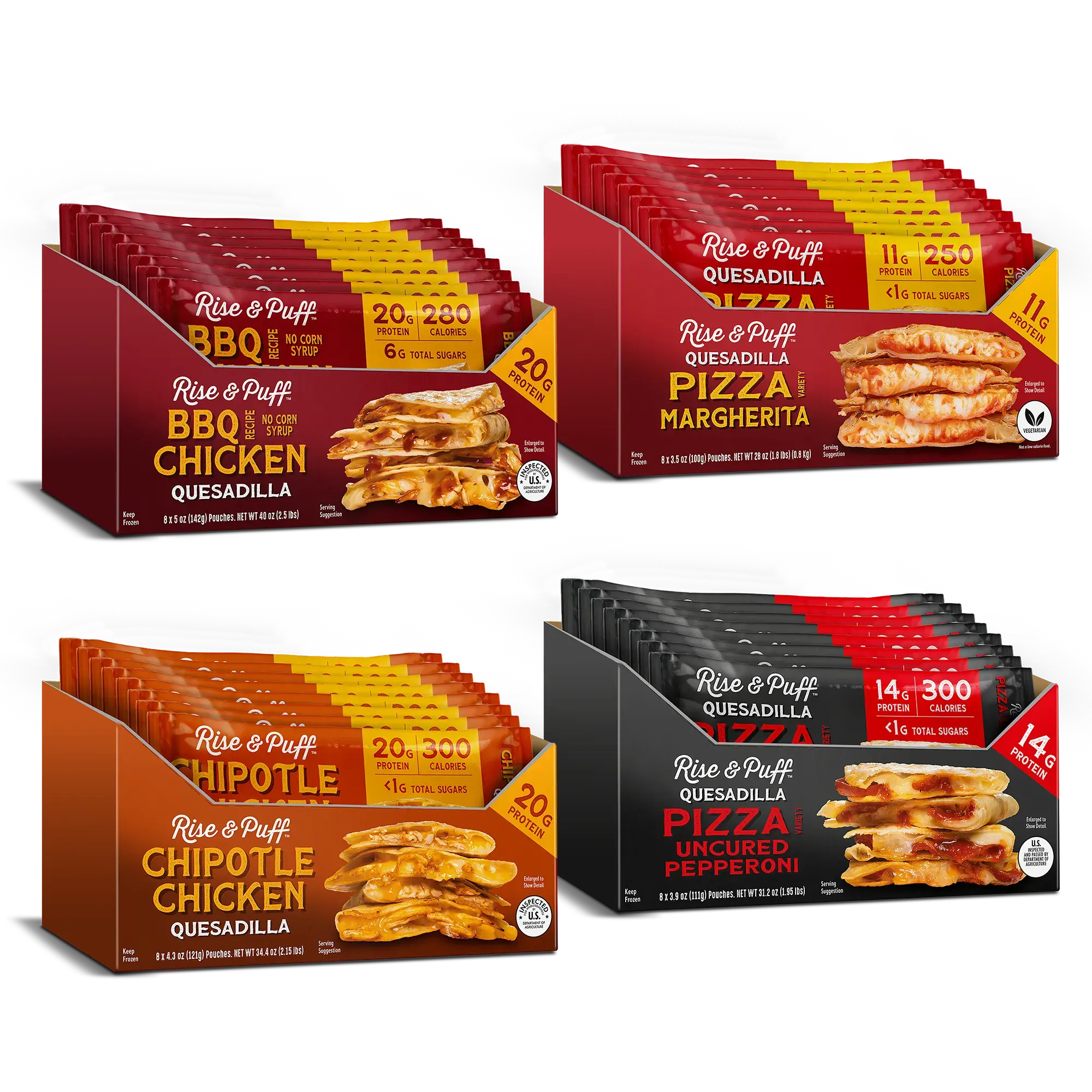 Rise & Puff Best Sellers Quesadilla Bundle — four-pack of top-selling frozen handheld quesadillas including BBQ Chicken, Chipotle Chicken, Pizza Margherita, and Uncured Pepperoni Pizza