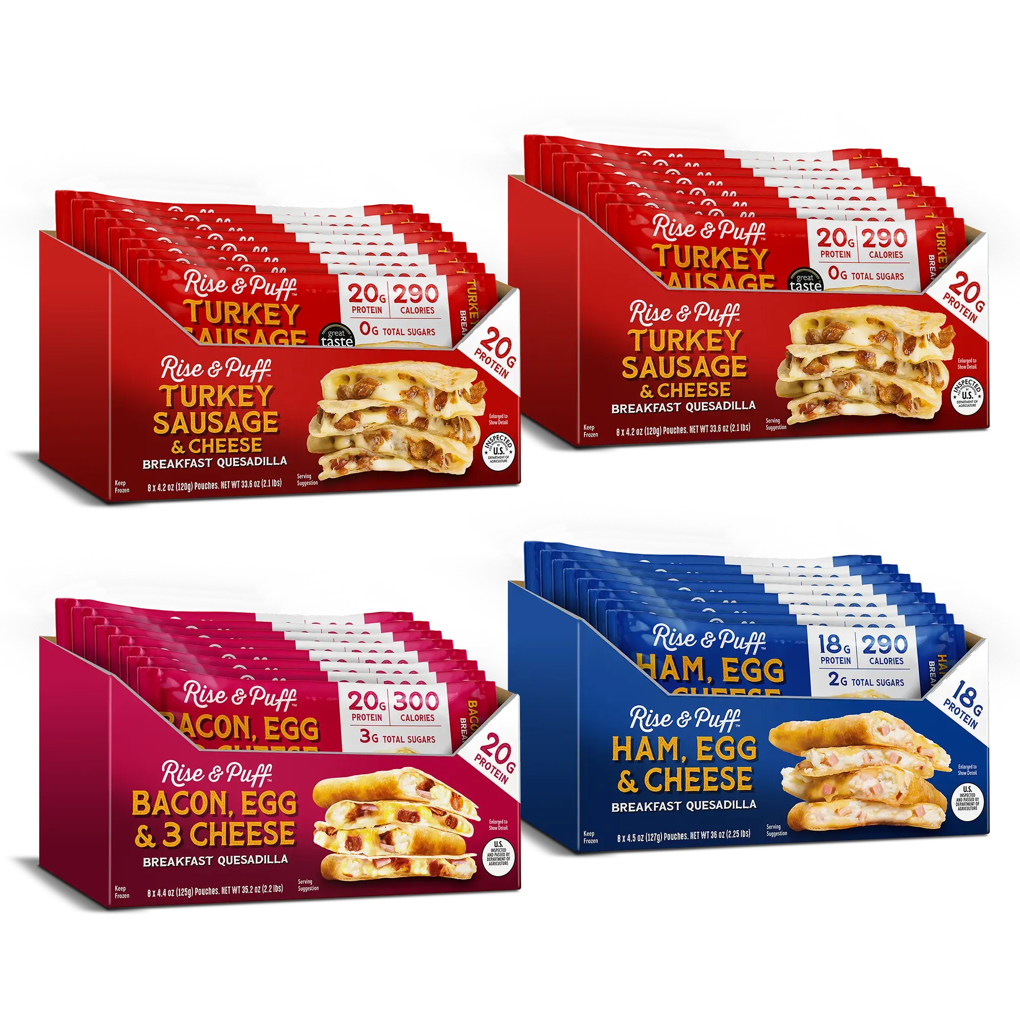 Rise & Puff Breakfast Quesadilla Bundle — frozen handheld breakfast quesadillas featuring Turkey Sausage & Cheese, Bacon Egg & 3 Cheese, and Ham Egg & Cheese with up to 20g protein
