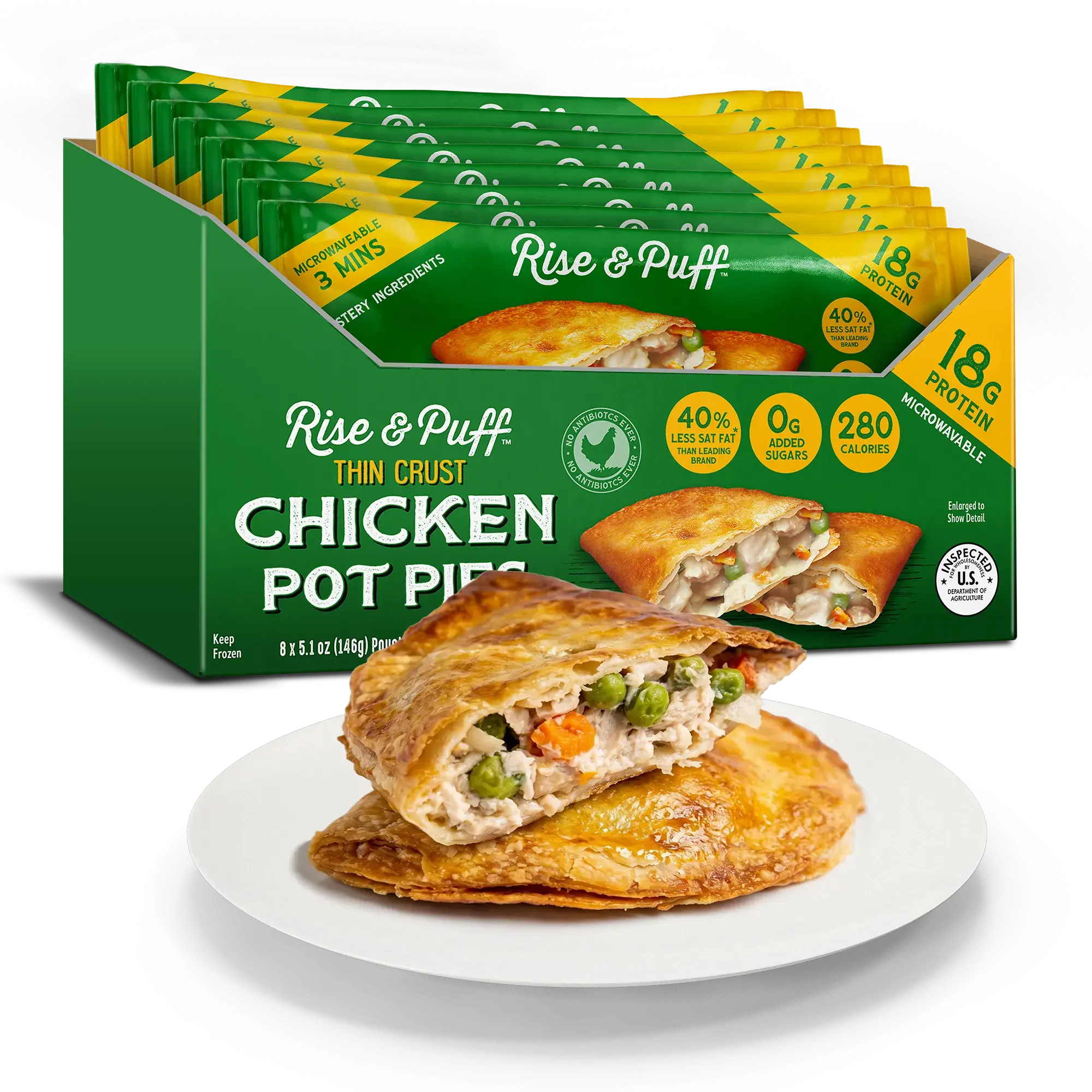 Rise & Puff Thin Crust Chicken Pot Pie — frozen handheld pot pie with white-meat chicken breast, peas and carrots in a golden flaky crust