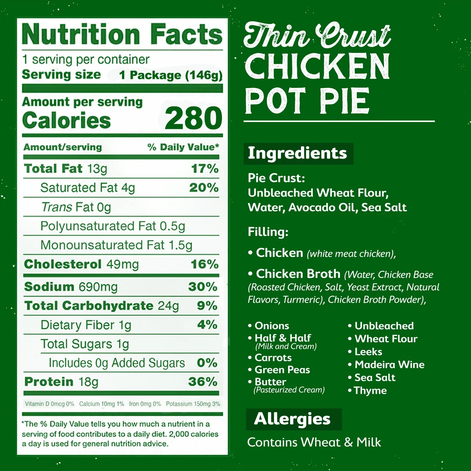 Rise & Puff Thin Crust Chicken Pot Pie nutrition facts and ingredients panel — 18g protein, 280 calories, 0g added sugars