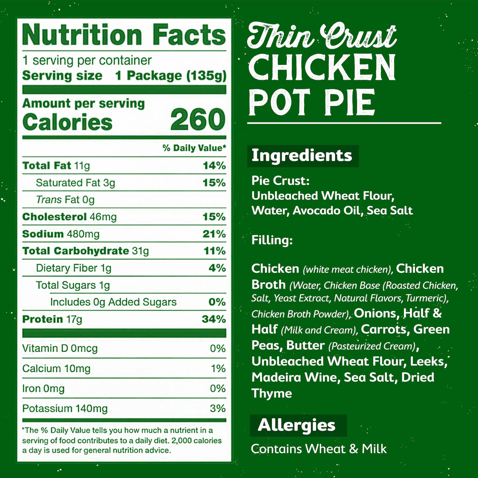 Nutrition facts and ingredients label for thin crust chicken pot pie on a green background