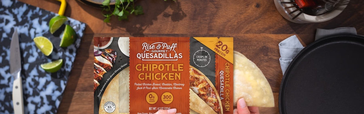 Rise & Puff Chipotle Chicken Quesadilla being pulled out of packaging