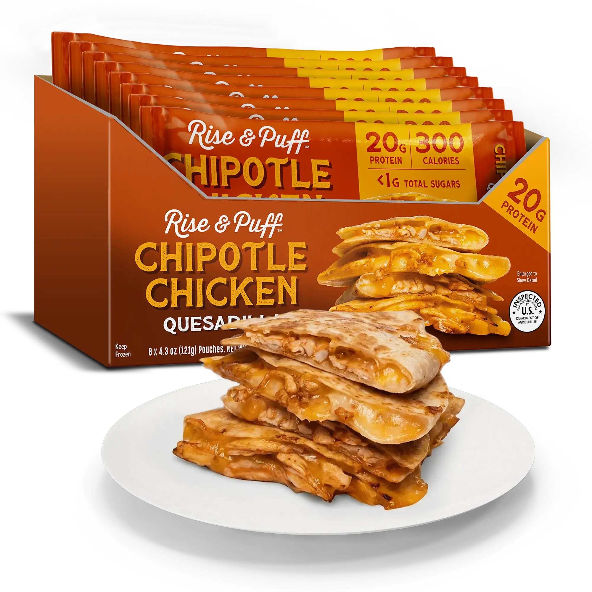 Rise & Puff Chipotle Chicken Quesadilla — frozen handheld quesadilla with pulled white-meat chicken, aged cheddar, Monterey Jack and mozzarella