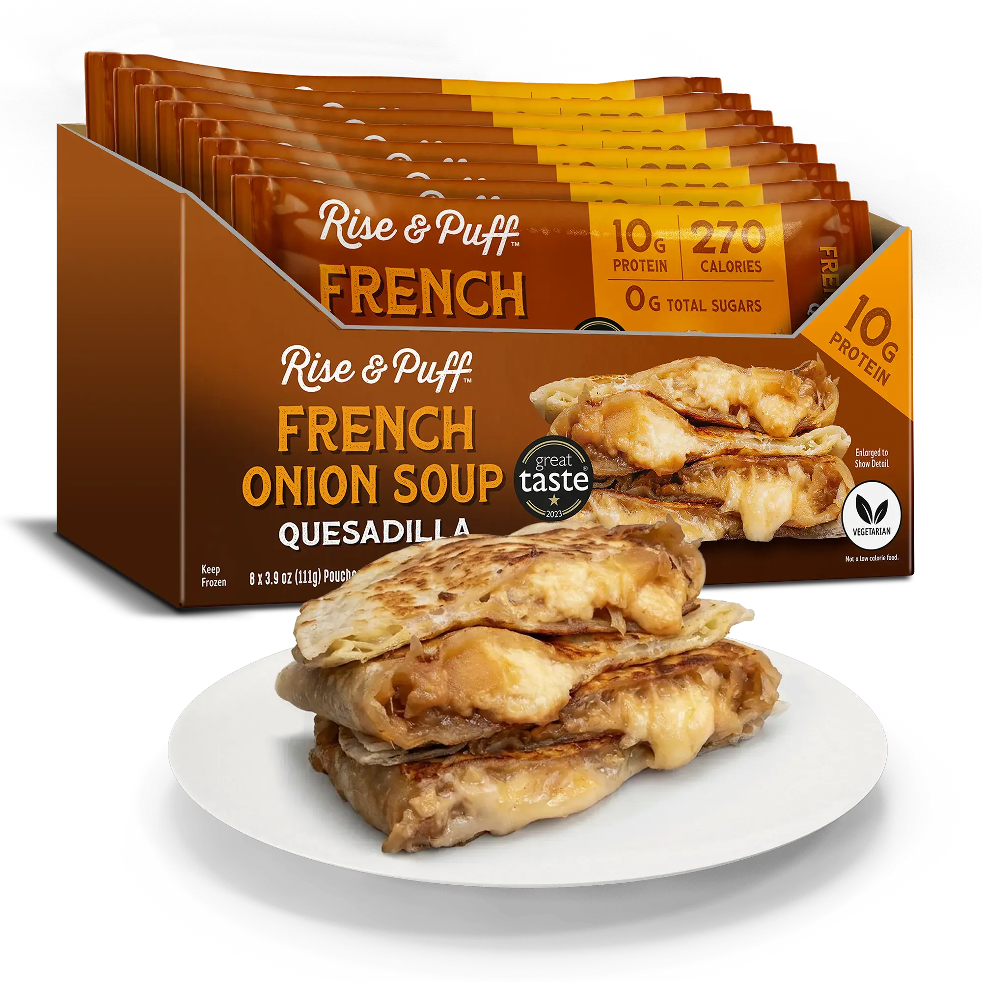 Rise & Puff French Onion Soup Quesadilla — frozen handheld quesadilla with caramelized onions, Emmentaler and reduced-fat Swiss cheeses