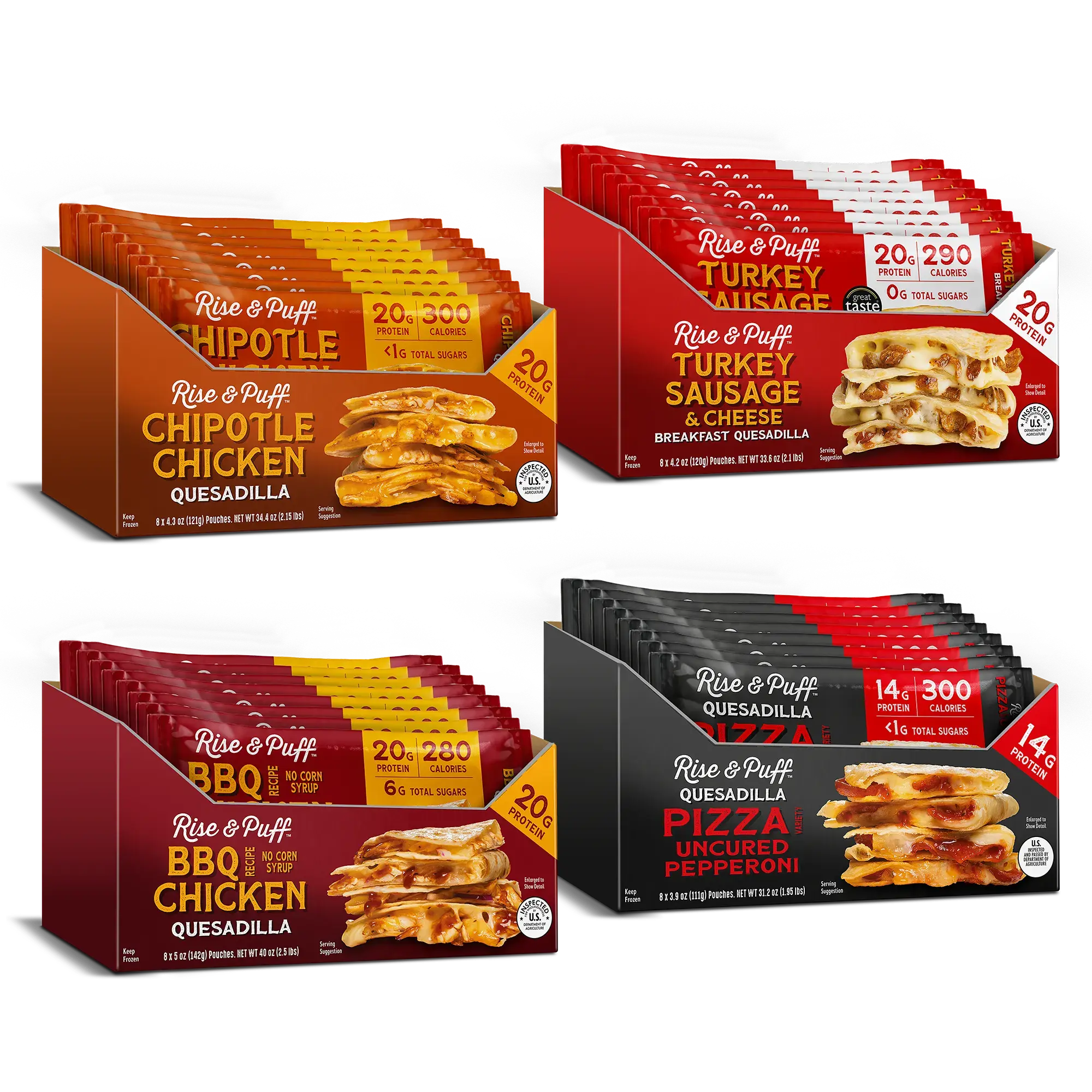 Rise & Puff High Protein Quesadilla Bundle — frozen handheld quesadillas with up to 20g protein per serving including Chipotle Chicken, BBQ Chicken, Turkey Sausage & Cheese, and Uncured Pepperoni Pizza