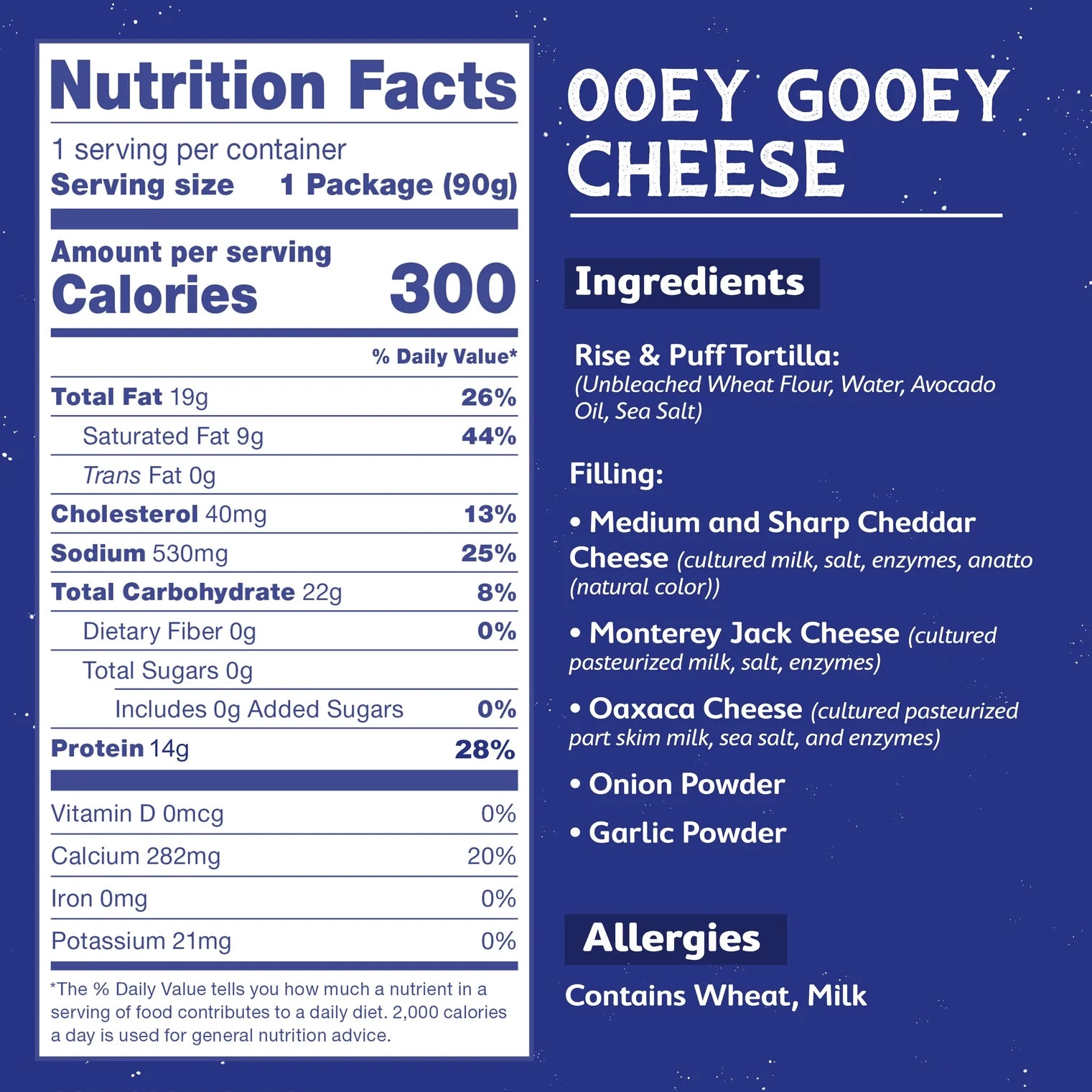Rise & Puff Ooey Gooey Cheese Quesadilla nutrition facts and ingredients panel — 14g protein, 300 calories, vegetarian