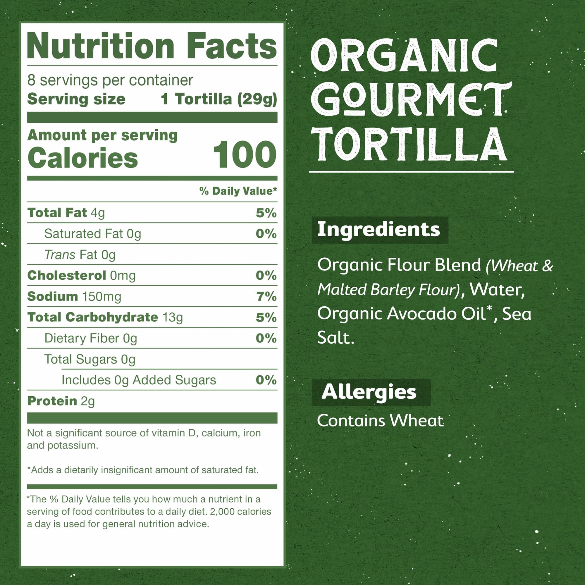 Nutrition Facts and ingredients panel for Rise & Puff Original Gourmet Tortilla listing 100 calories per tortilla, simple ingredients, and allergen notice stating “Contains Wheat.”
