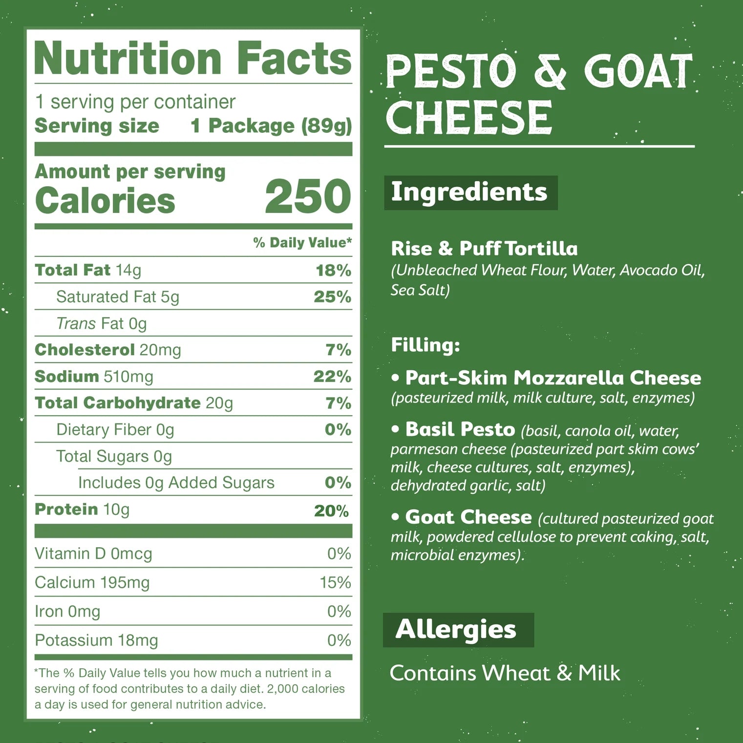 Rise & Puff Pesto & Goat Cheese Quesadilla nutrition facts and ingredients panel — 10g protein, 250 calories, vegetarian