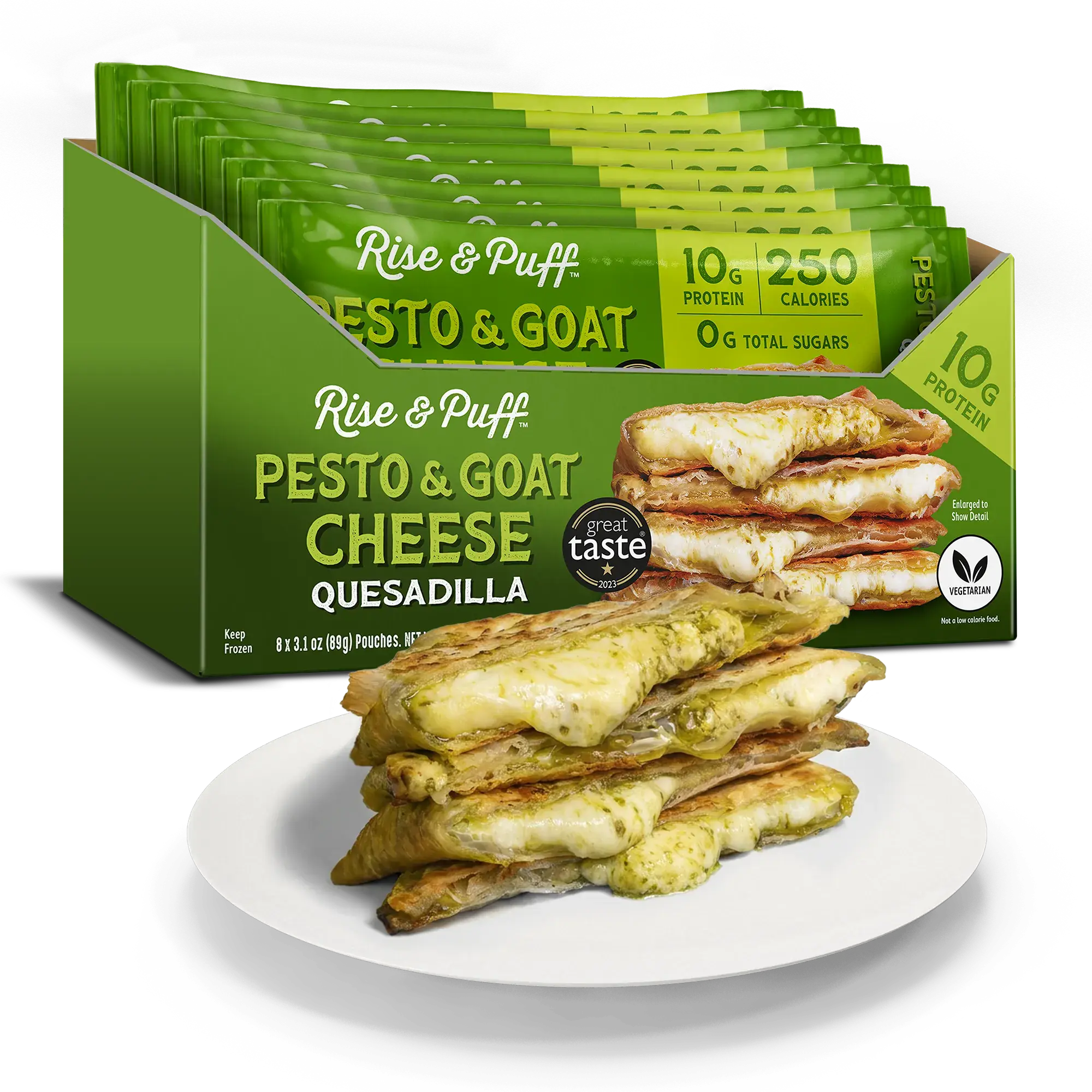 Rise & Puff Pesto & Goat Cheese Quesadilla — frozen vegetarian quesadilla with basil pesto, part-skim mozzarella, goat cheese and aged Parmesan