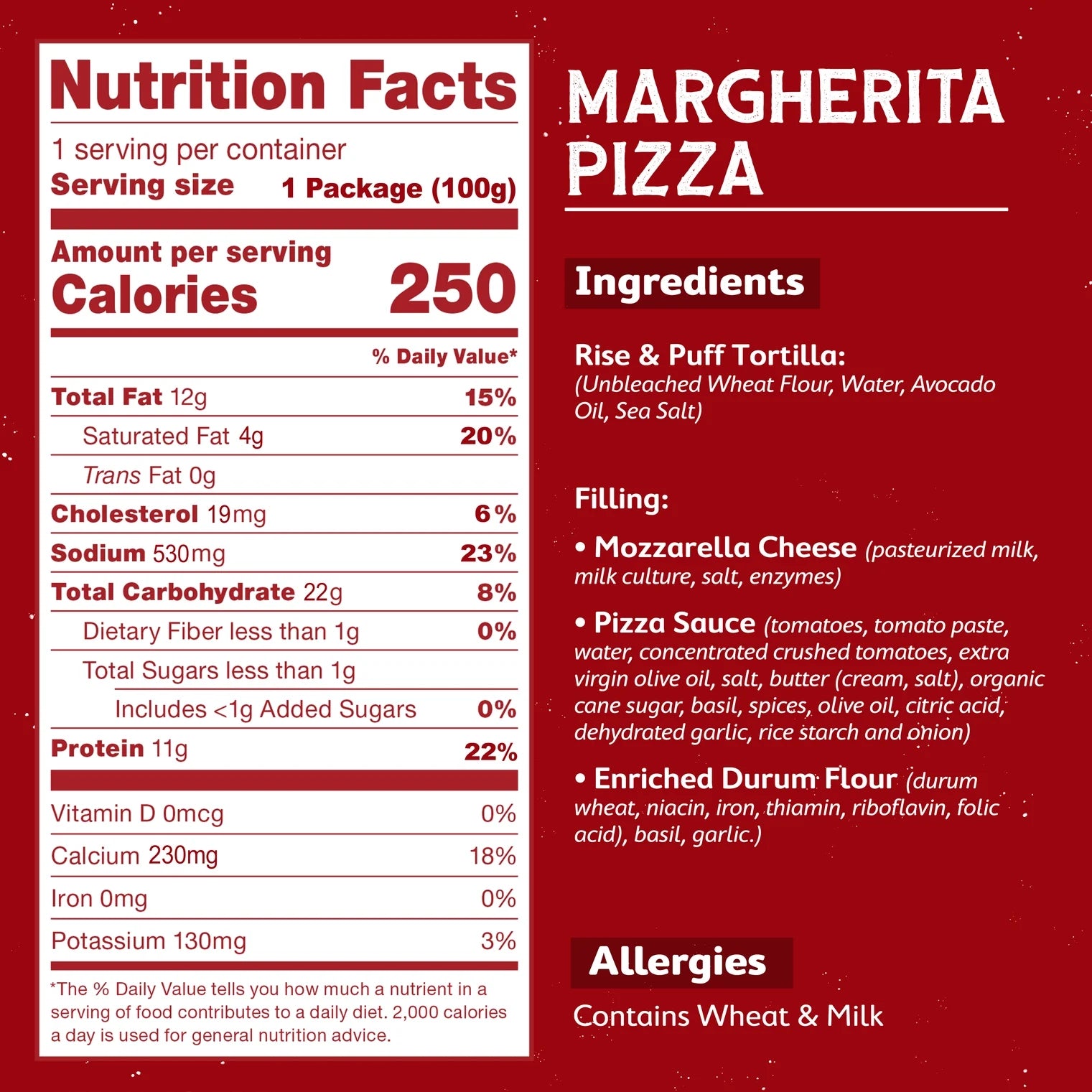 Rise & Puff Pizza Margherita Quesadilla nutrition facts and ingredients panel — 11g protein, 250 calories, vegetarian