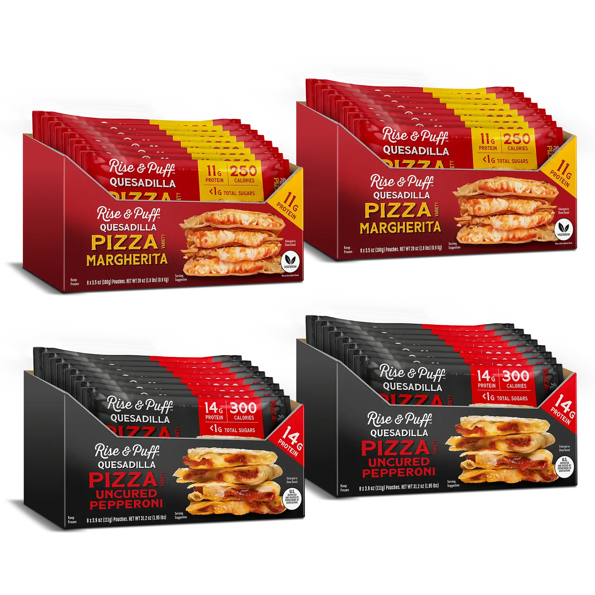 Rise & Puff Pizza Night Quesadilla Bundle — frozen pizza-style handheld quesadillas featuring Pizza Margherita and Uncured Pepperoni Pizza for easy weeknight meals