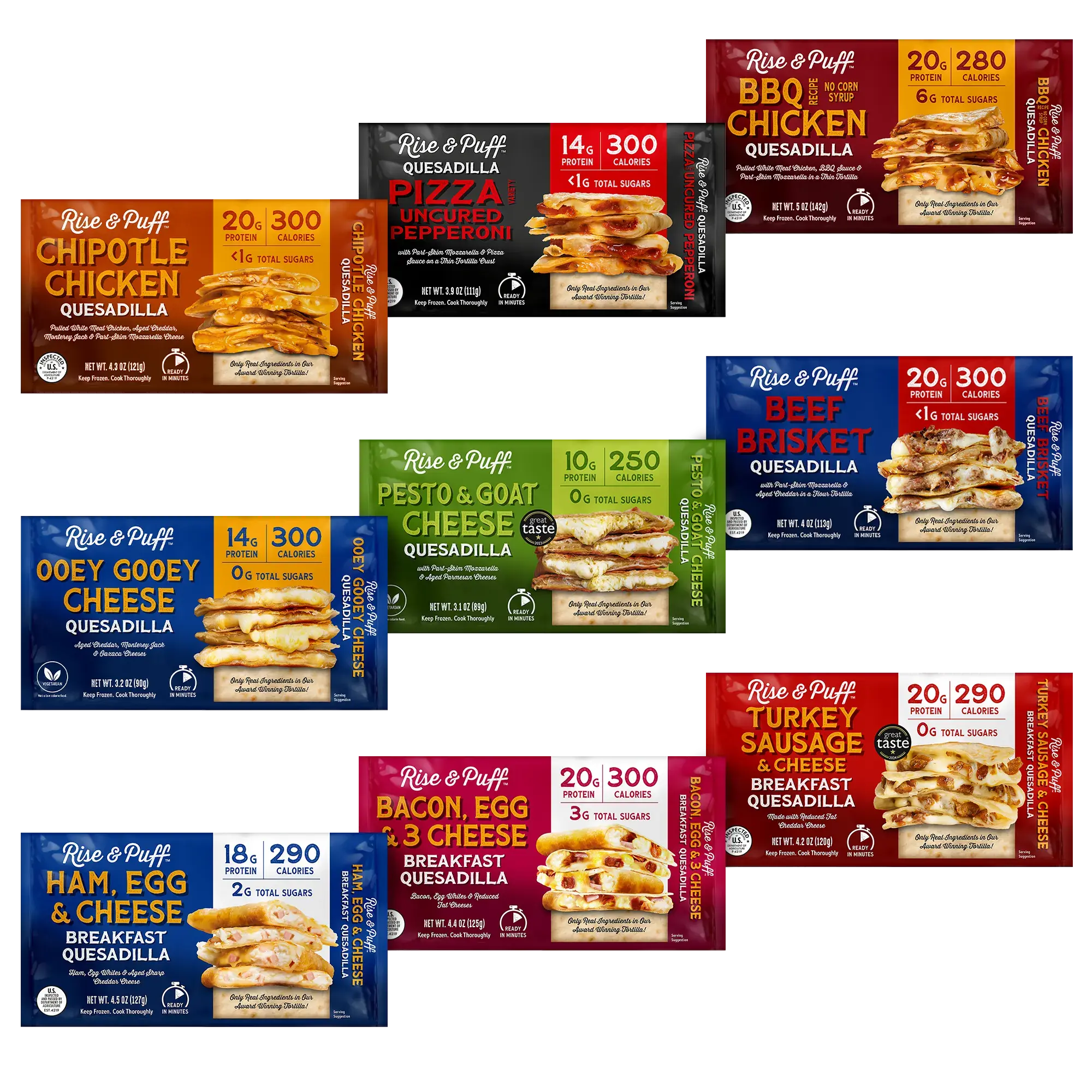 Rise & Puff Quesadilla Variety Pack with Turkey Bacon — frozen handheld quesadilla pouches including Chipotle Chicken, Pizza Uncured Pepperoni, BBQ Chicken, Ooey Gooey Cheese, Pesto & Goat Cheese, Beef Brisket, Ham Egg & Cheese, Bacon Egg & Cheese, and Turkey Sausage & Cheese