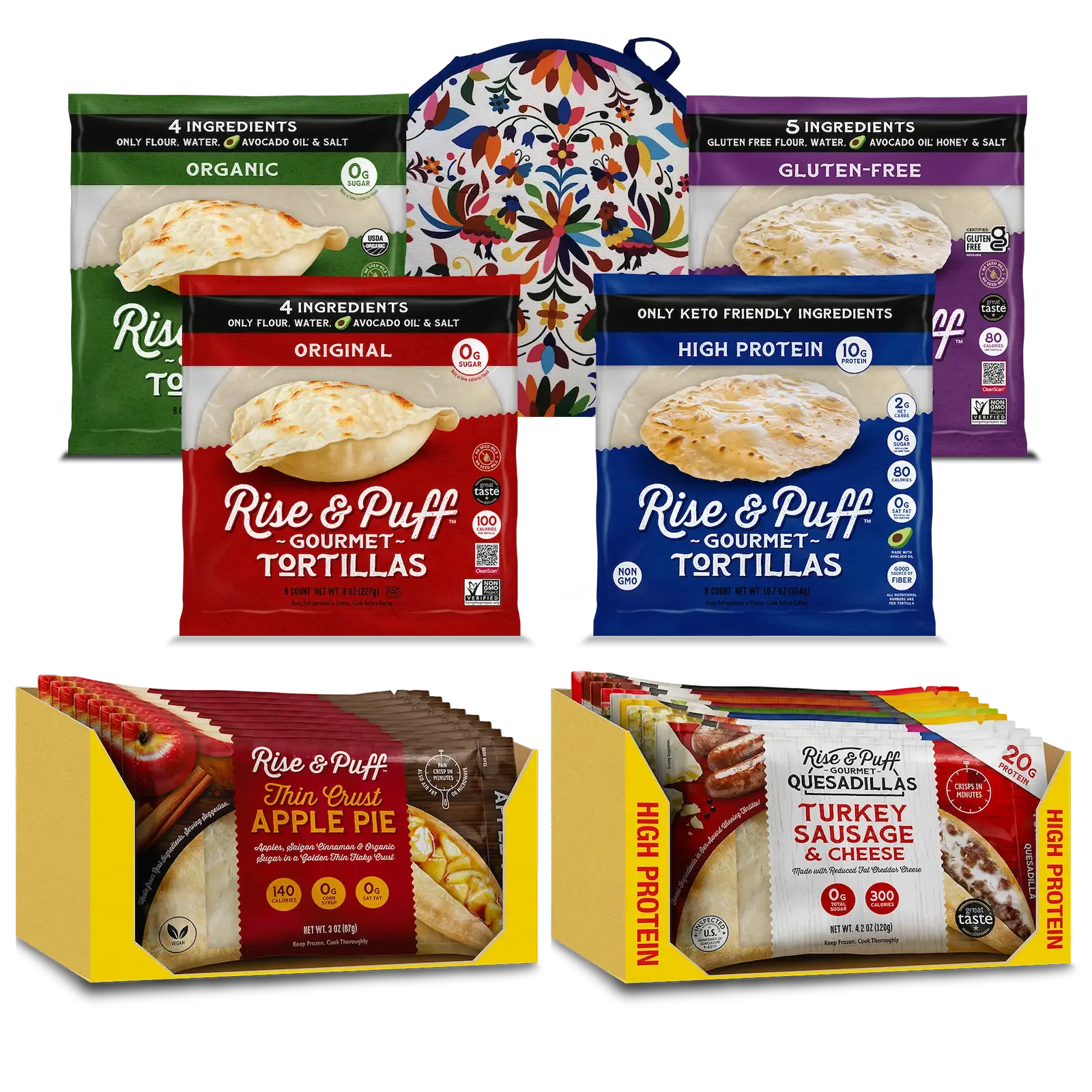 Tortilla and quesadilla sampler including 1 of each tortilla variety, a quesadilla variety pack, and a pack of apple pie desserts