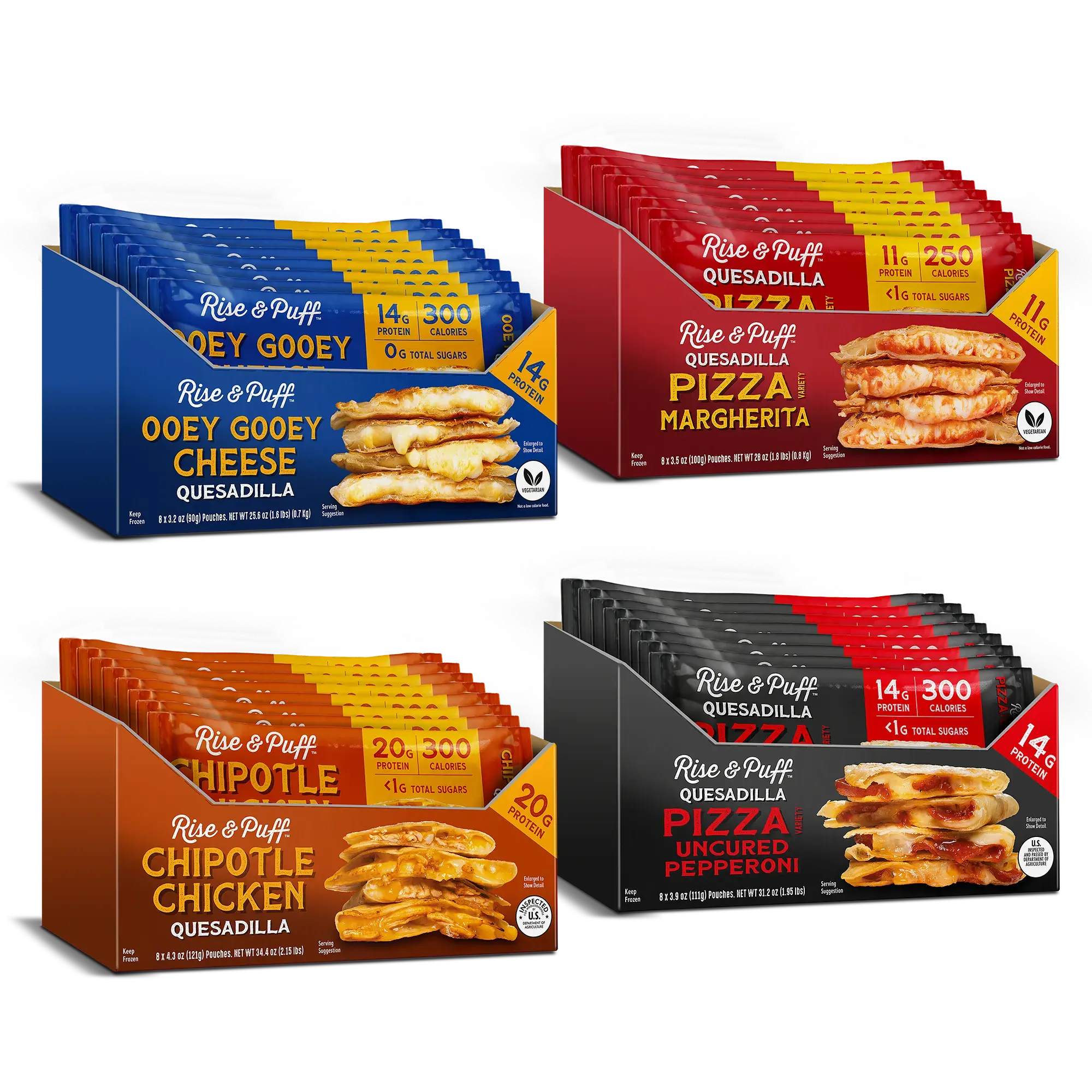 Rise & Puff The Staples Quesadilla Bundle — everyday frozen handheld quesadillas including Ooey Gooey Cheese, Pizza Margherita, Chipotle Chicken, and Uncured Pepperoni Pizza