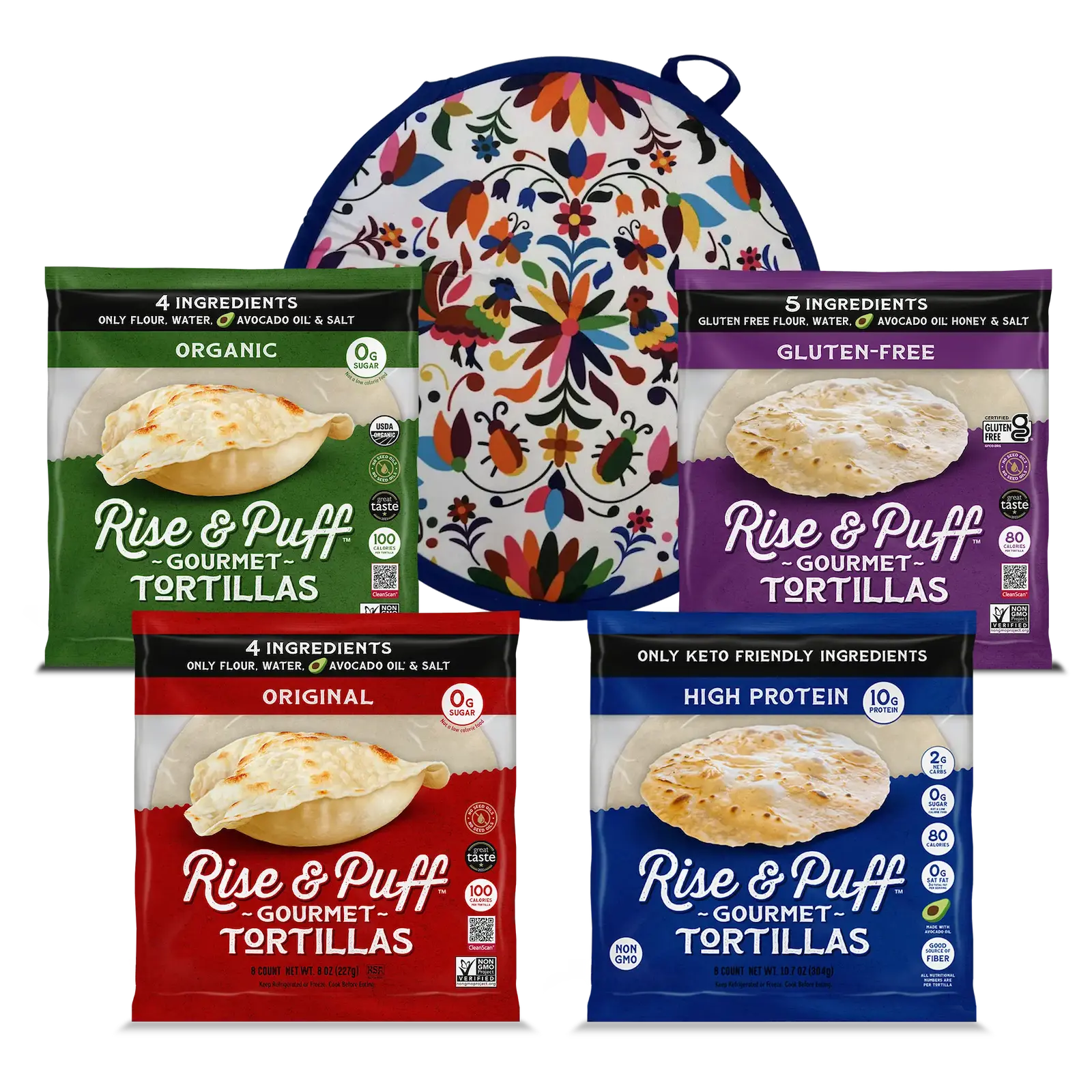 Rise & Puff Tortilla Bundle containing 1 of each tortilla variety and a stylish tortilla warmer