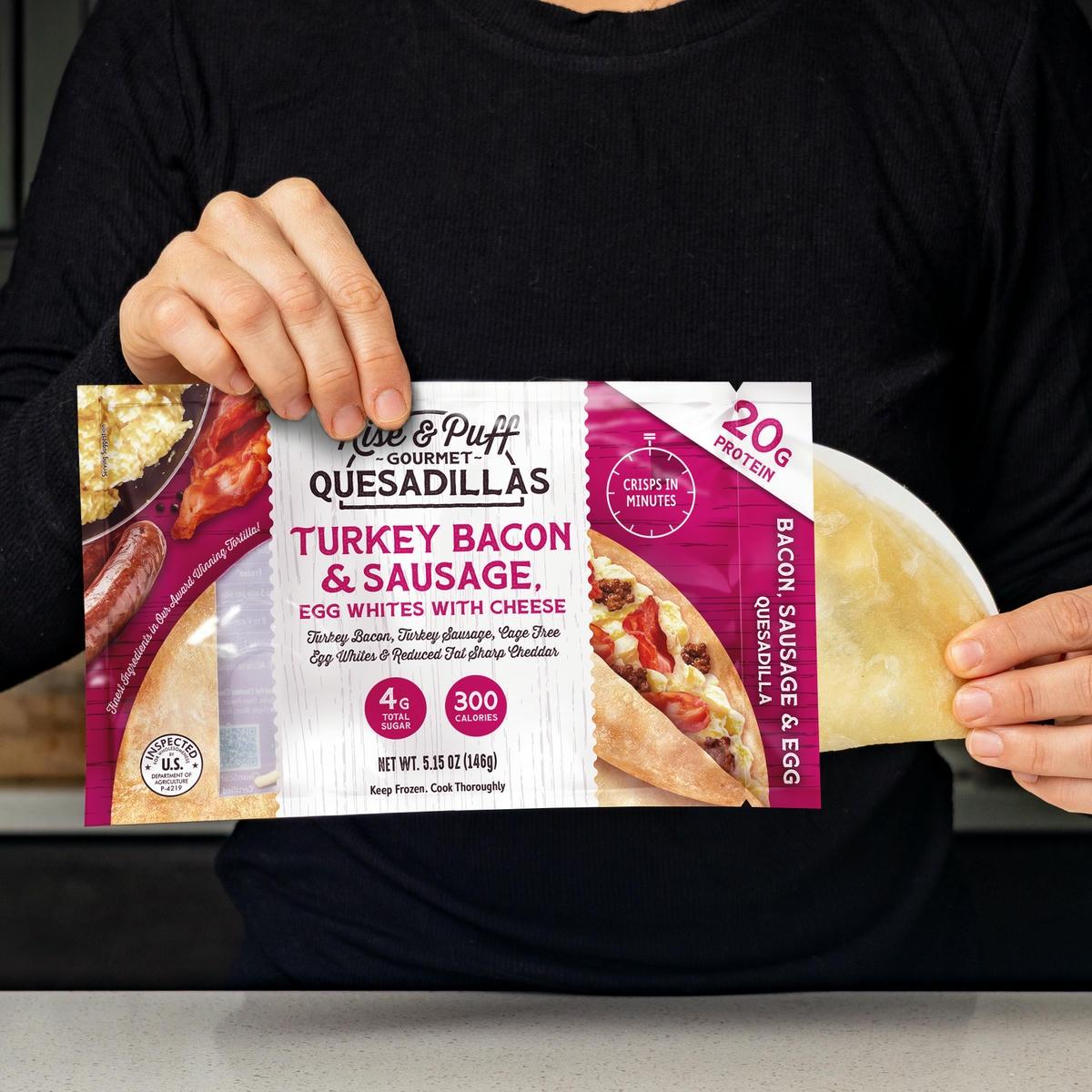 Turkey Bacon & Sausage quesadilla being pulled out of packagin