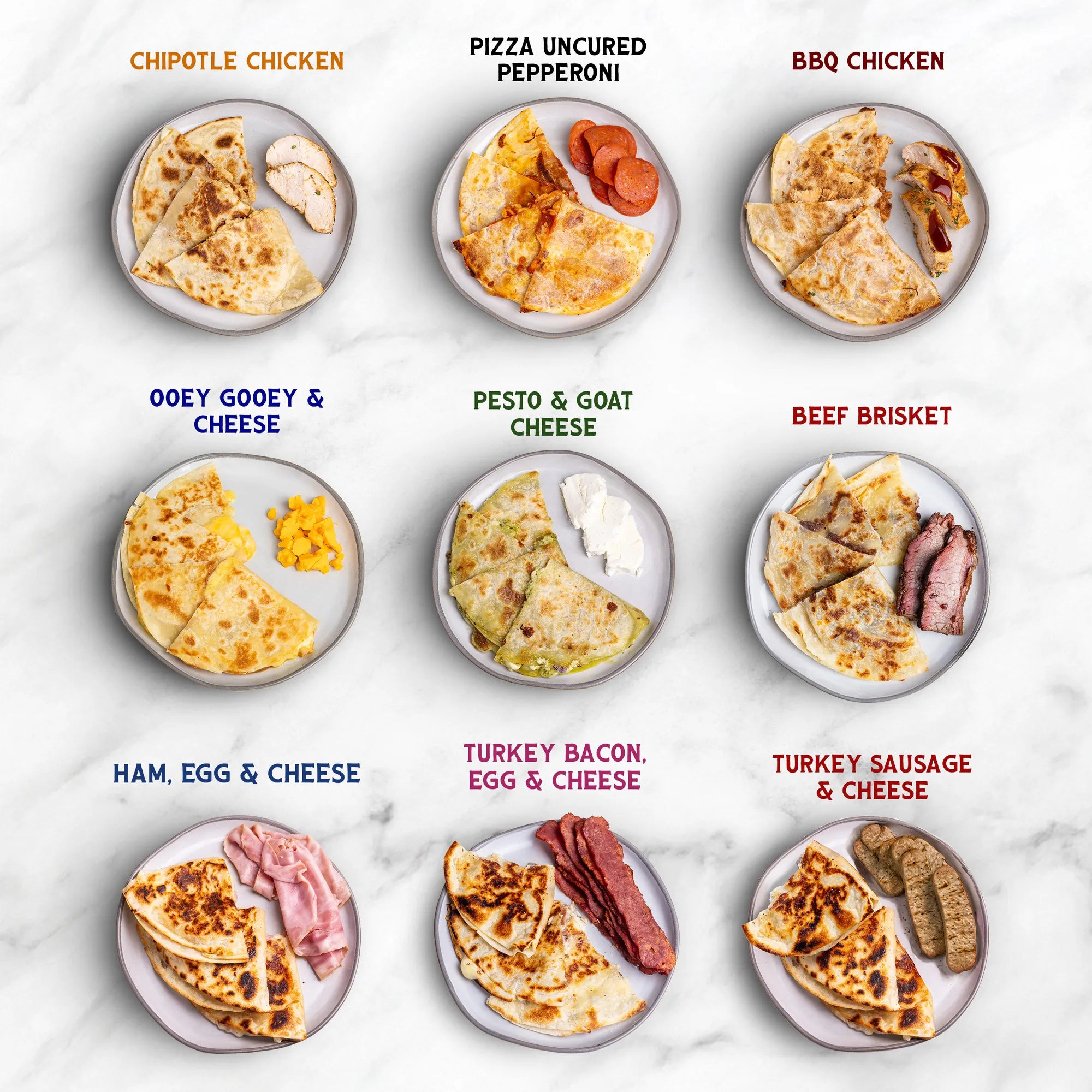 Rise & Puff Quesadilla Variety Pack flavors with ingredients — Chipotle Chicken, Pizza Uncured Pepperoni, BBQ Chicken, Ooey Gooey Cheese, Pesto & Goat Cheese, Beef Brisket, Ham Egg & Cheese, Turkey Bacon Egg & Cheese, and Turkey Sausage & Cheese frozen handheld quesadillas plated with their key ingredients