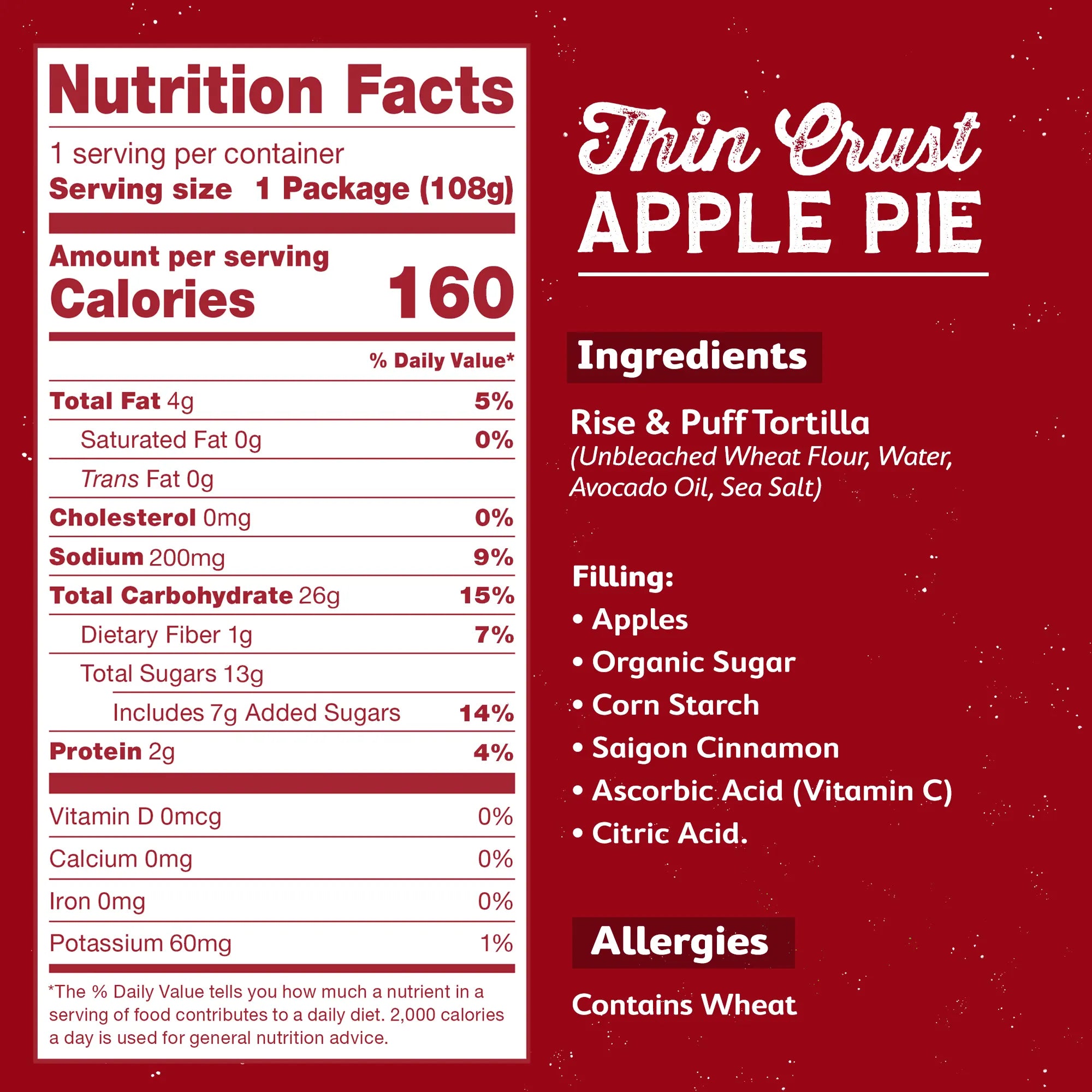 Rise & Puff Apple Pie nutrition facts label with calories, sugar, and ingredients