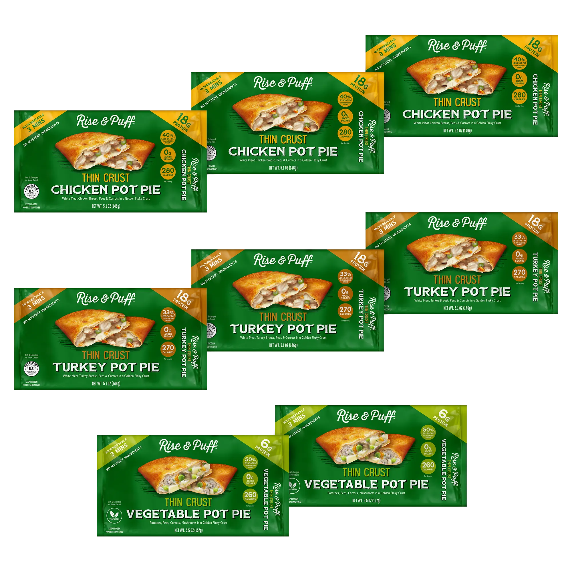 Rise & Puff Pot Pie Variety Pack packaging — 8 frozen thin crust pot pie boxes, 3 each of Chicken, 3 each of Turkey, and 2 each of Vegetable Pot Pie