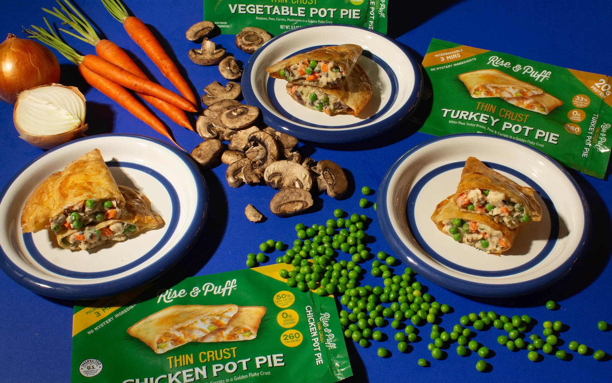 Rise & Puff Pot Pie Variety Pack — Chicken, Turkey and Vegetable thin crust pot pies plated with fresh mushrooms, peas and carrots beside the retail boxes