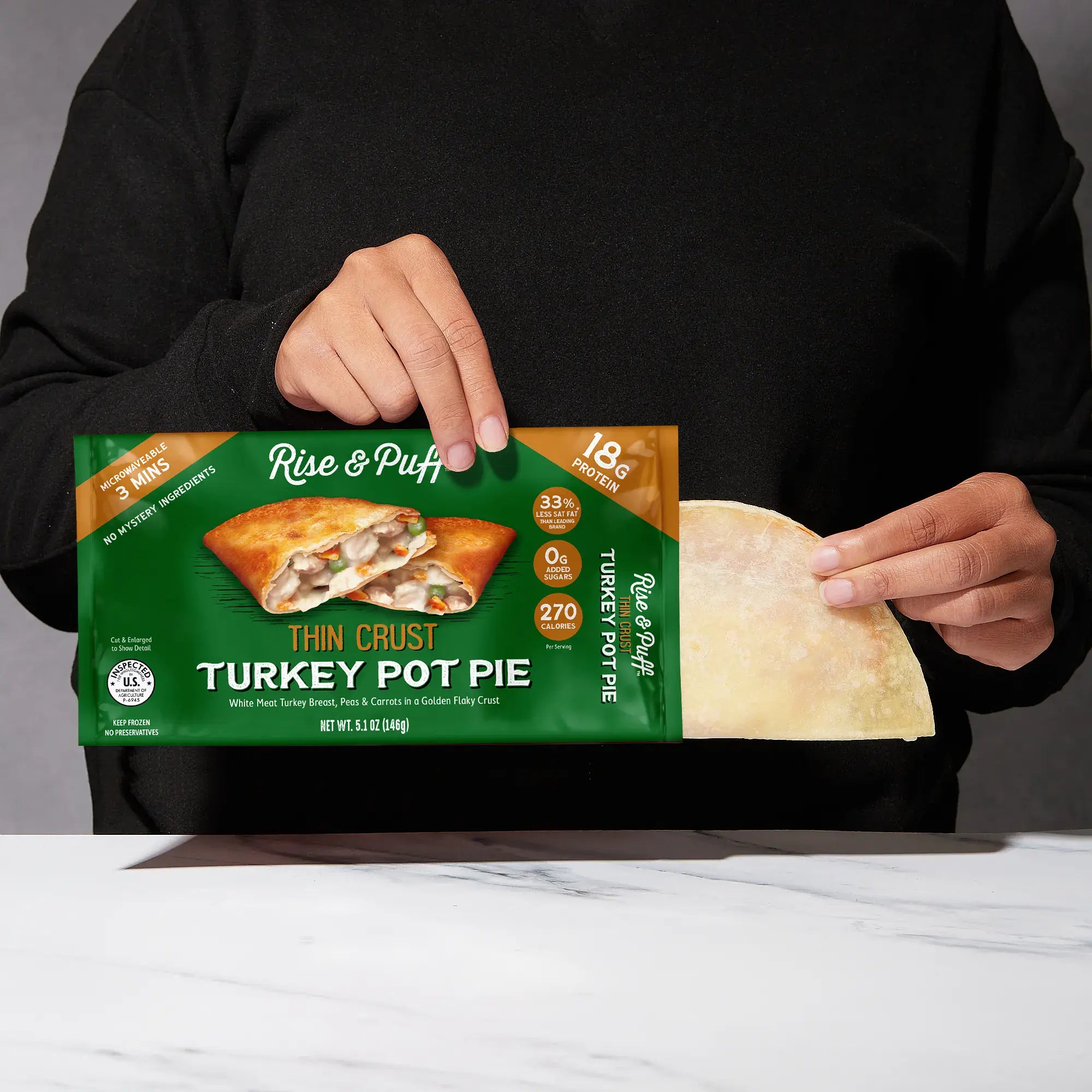 Golden flaky-crust Turkey Pot Pie removed from packaging, ready to bake