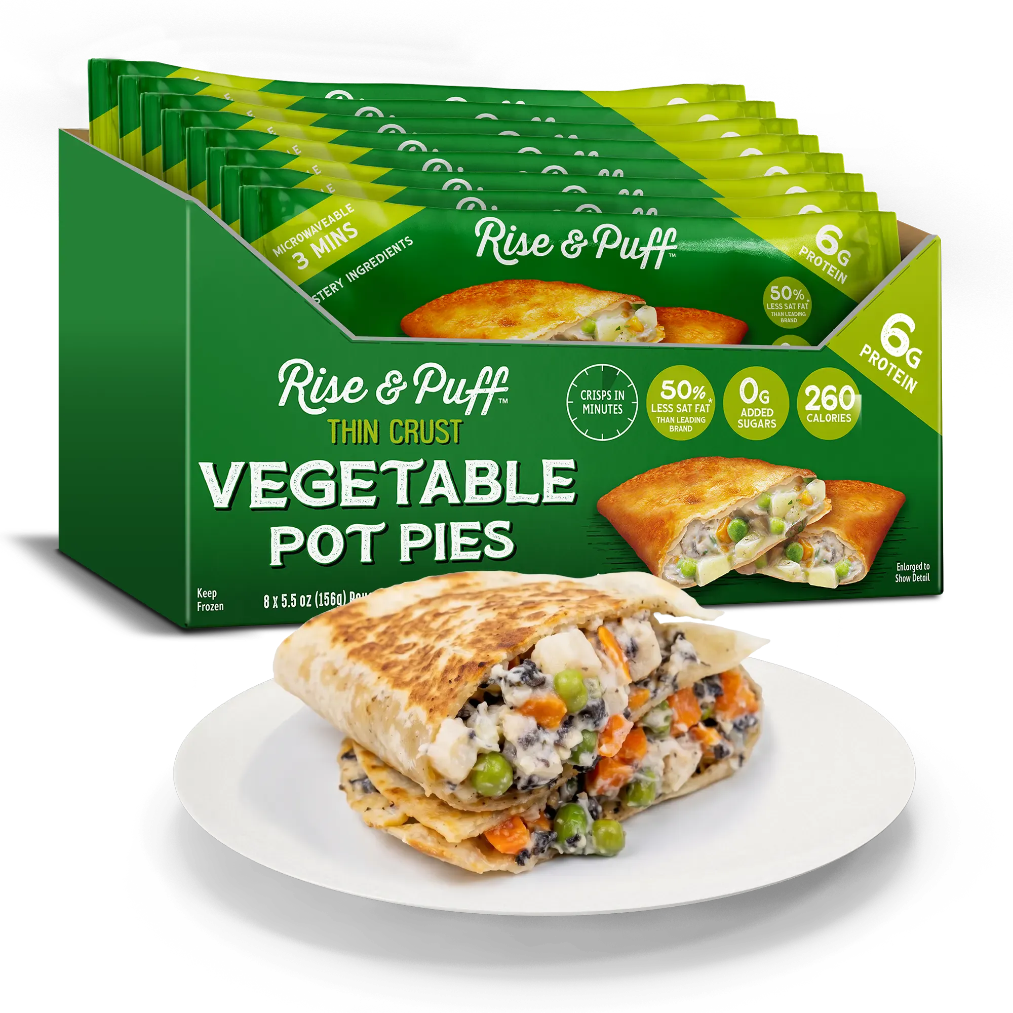 Rise & Puff Vegetable Pot Pie retail box beside a baked veggie pot pie on a plate