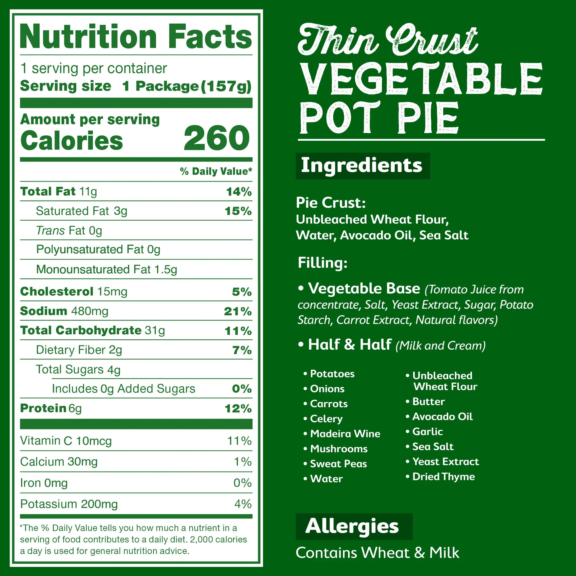Rise & Puff Vegetable Pot Pie nutrition facts label with calories, protein, and ingredients
