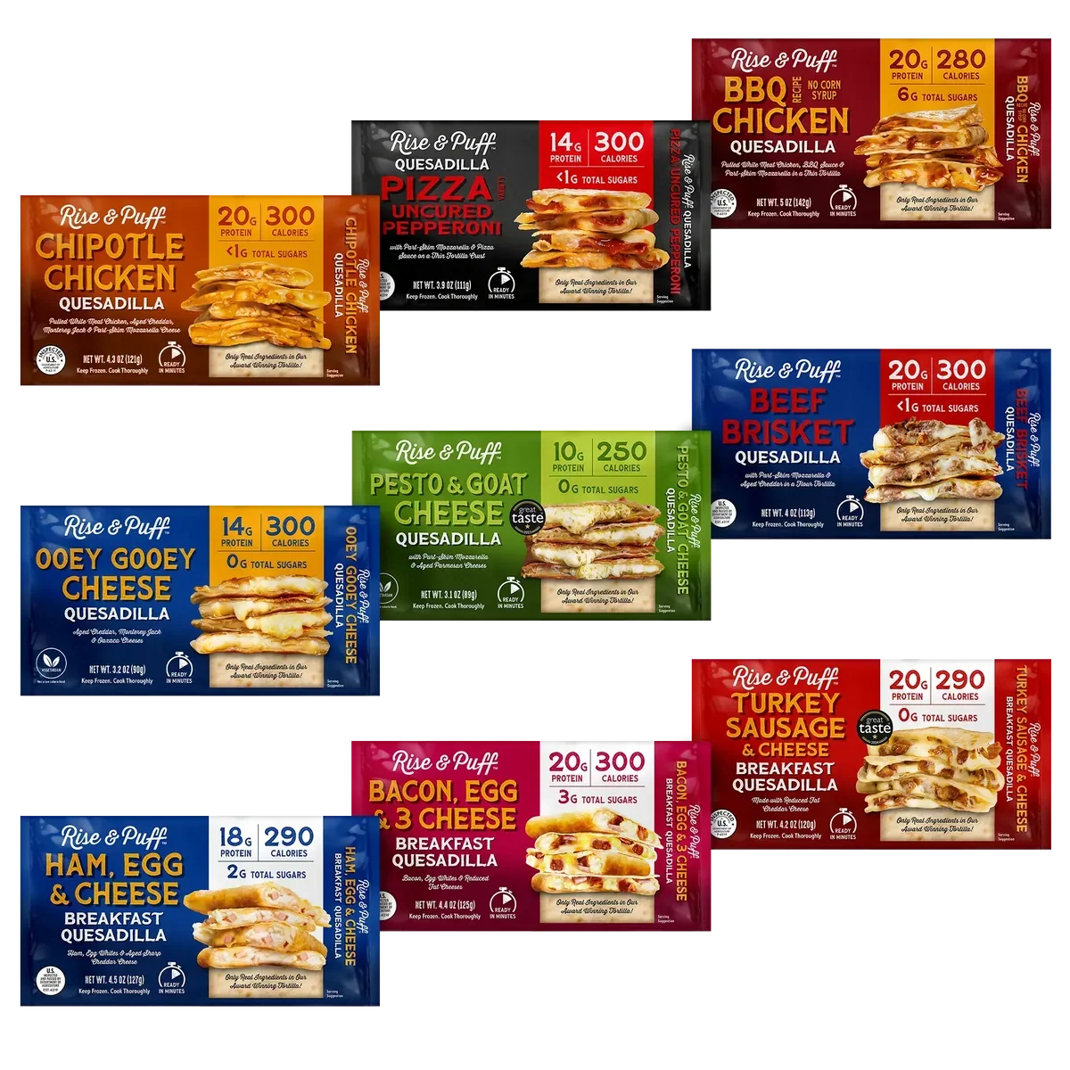 Rise & Puff quesadilla variety pack featuring chicken, beef, turkey, cheese, and breakfast flavors.