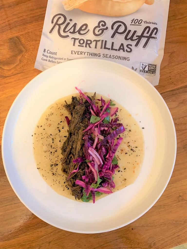 Skirt Steak Tacos with Red Cabbage Slaw with Rise & Puff Gourmet Everything Tortillas