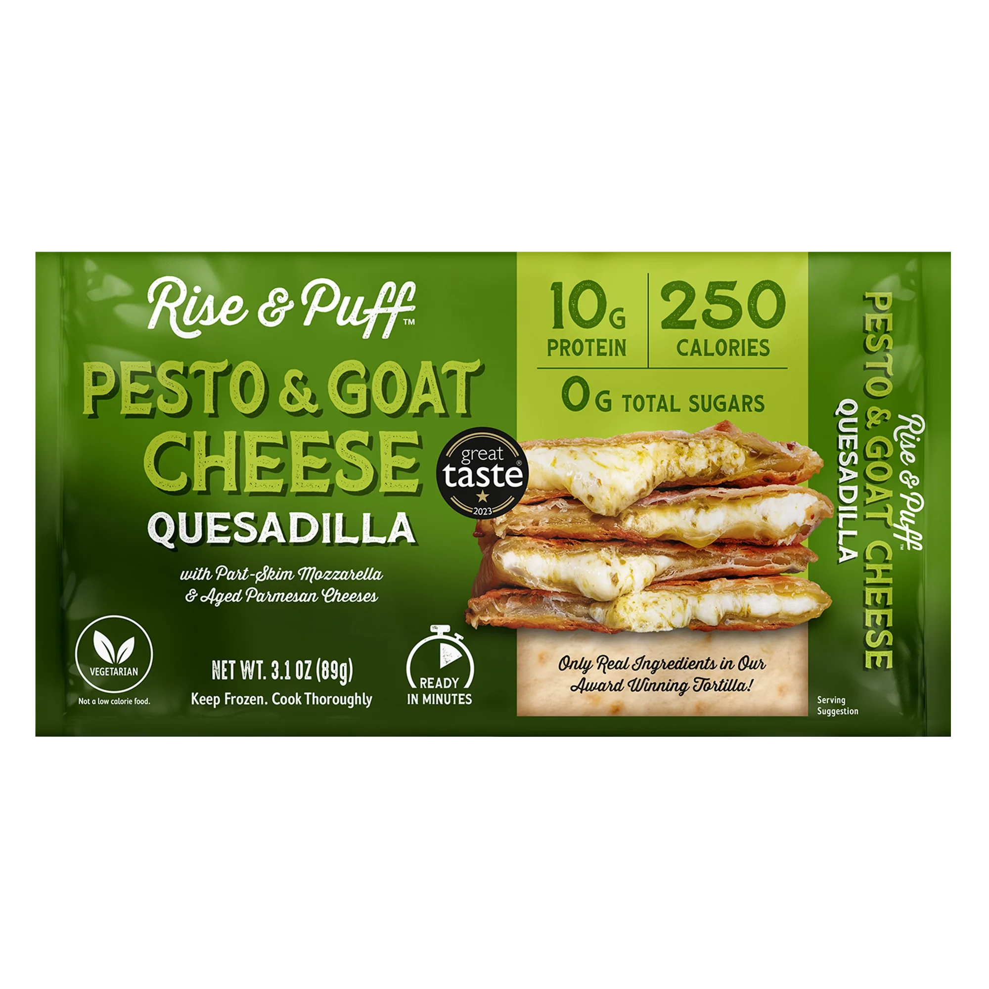 Rise & Puff Pesto & Goat Cheese Quesadilla front packaging — 3.1 oz single-serve vegetarian frozen quesadilla with 10g protein and 250 calories