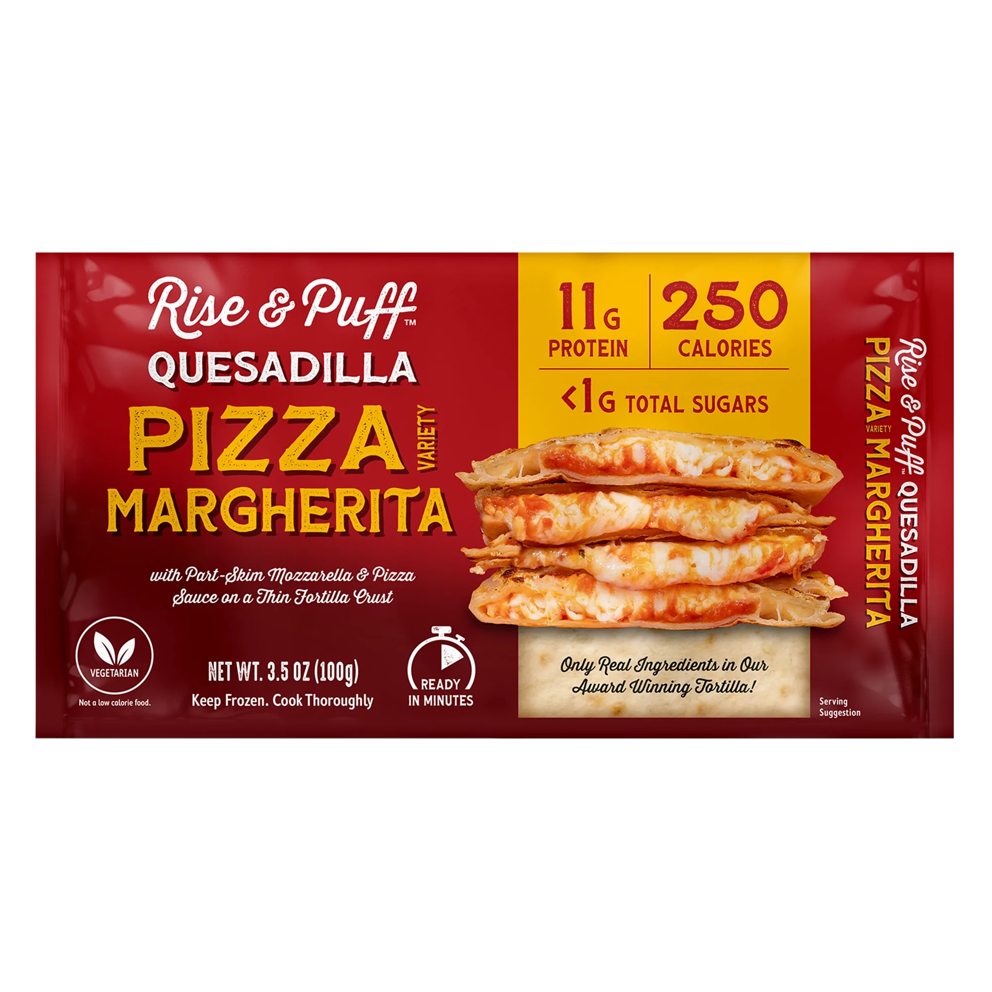 Rise & Puff Pizza Margherita Quesadilla front packaging — 3.5 oz single-serve vegetarian frozen pizza quesadilla with 11g protein and 250 calories