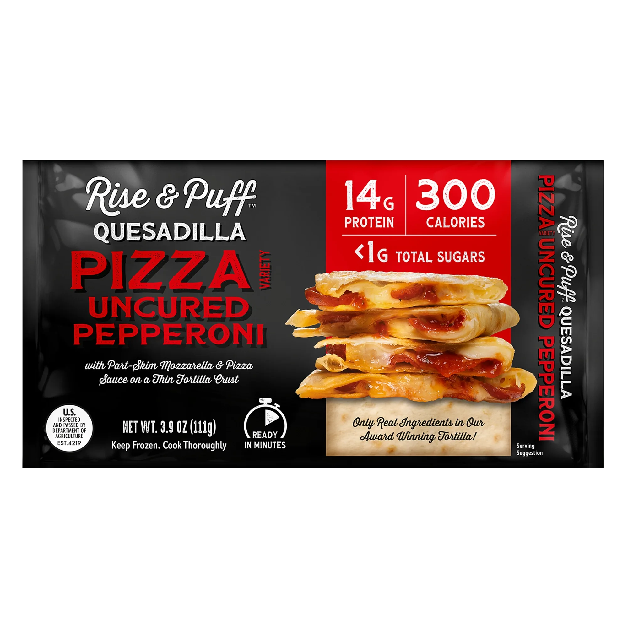 Rise & Puff Pizza Uncured Pepperoni Quesadilla front packaging — 3.9 oz single-serve frozen pizza quesadilla with 14g protein and 300 calories