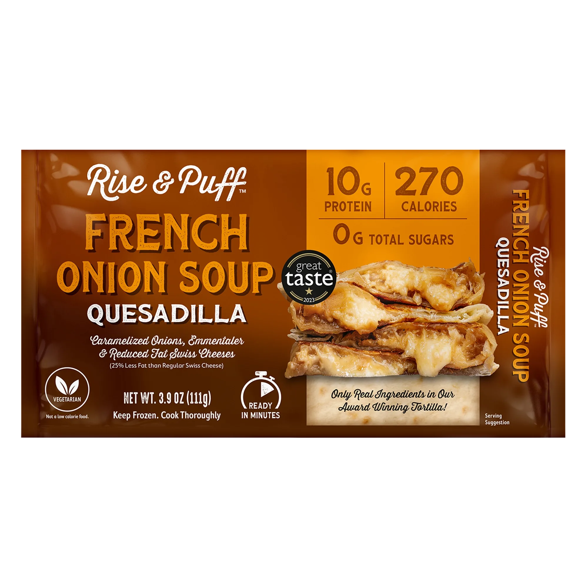 Rise & Puff French Onion Soup Quesadilla front packaging — 3.9 oz single-serve vegetarian frozen quesadilla with 10g protein and 270 calories