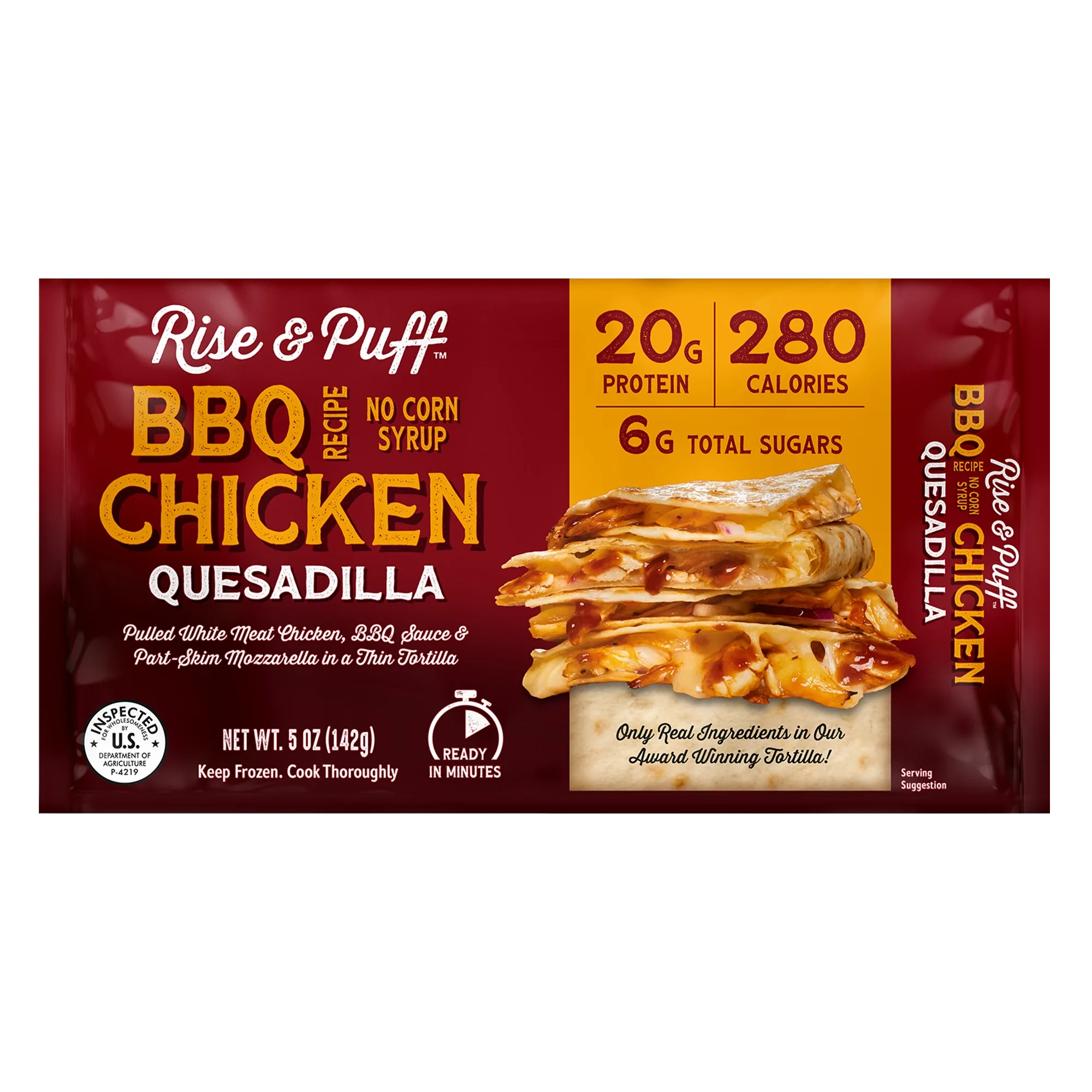 Rise & Puff BBQ Chicken Quesadilla front packaging — 5 oz single-serve frozen quesadilla with 20g protein, 280 calories and no corn syrup