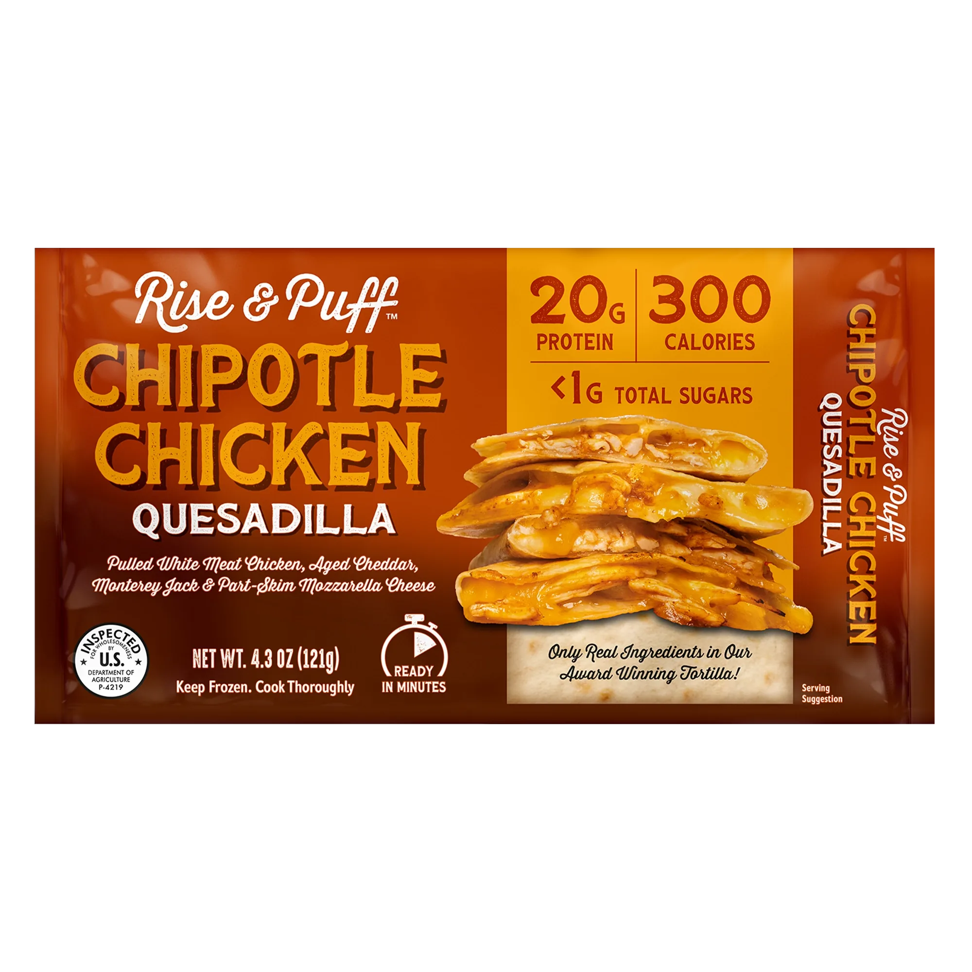 Rise & Puff Chipotle Chicken Quesadilla front packaging — 4.3 oz single-serve frozen quesadilla with 20g protein and 300 calories