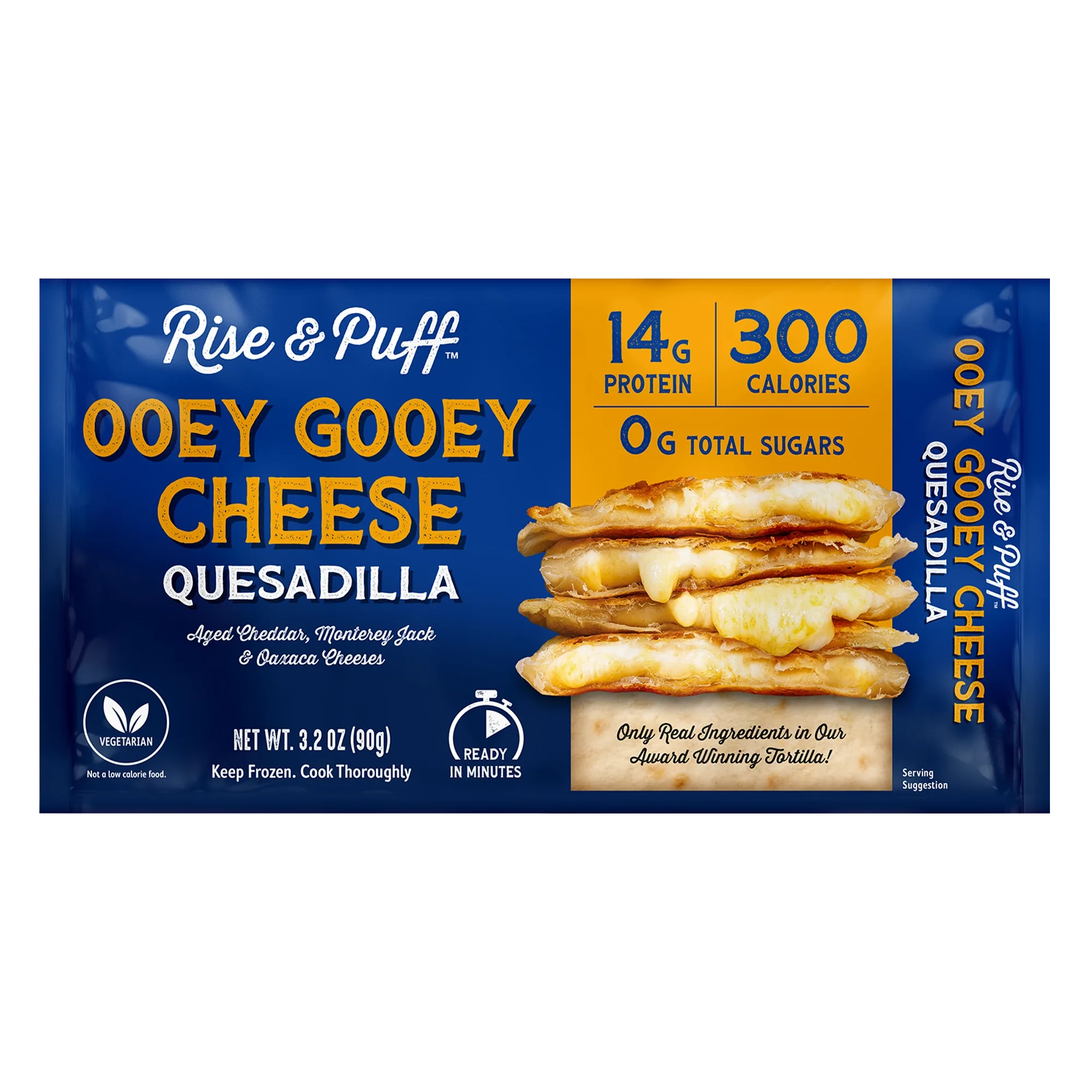 Rise & Puff Ooey Gooey Cheese Quesadilla front packaging — 3.2 oz single-serve vegetarian frozen quesadilla with 14g protein and 300 calories