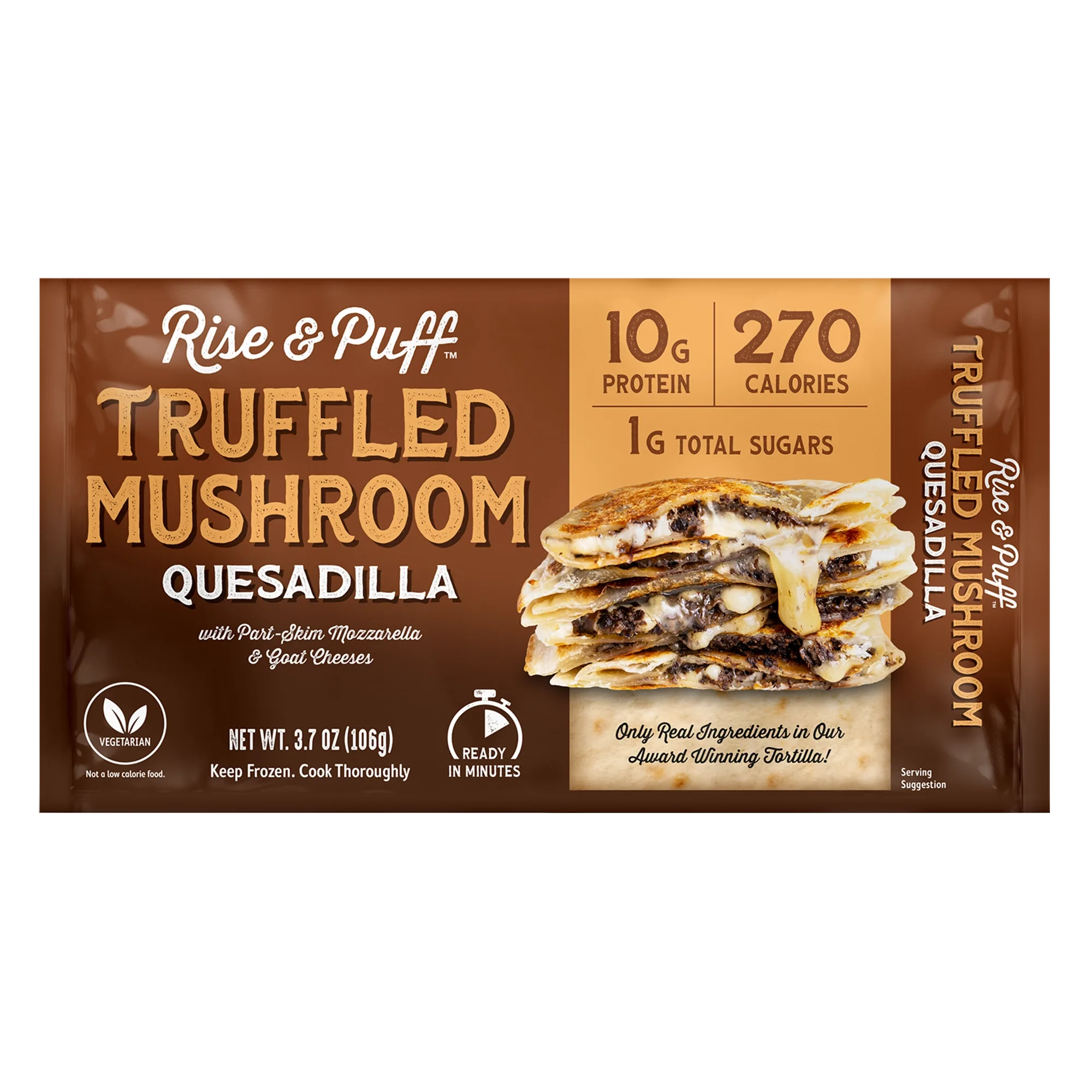 Rise & Puff Truffled Mushroom Quesadilla front packaging — 3.7 oz single-serve vegetarian frozen quesadilla with 10g protein and 270 calories