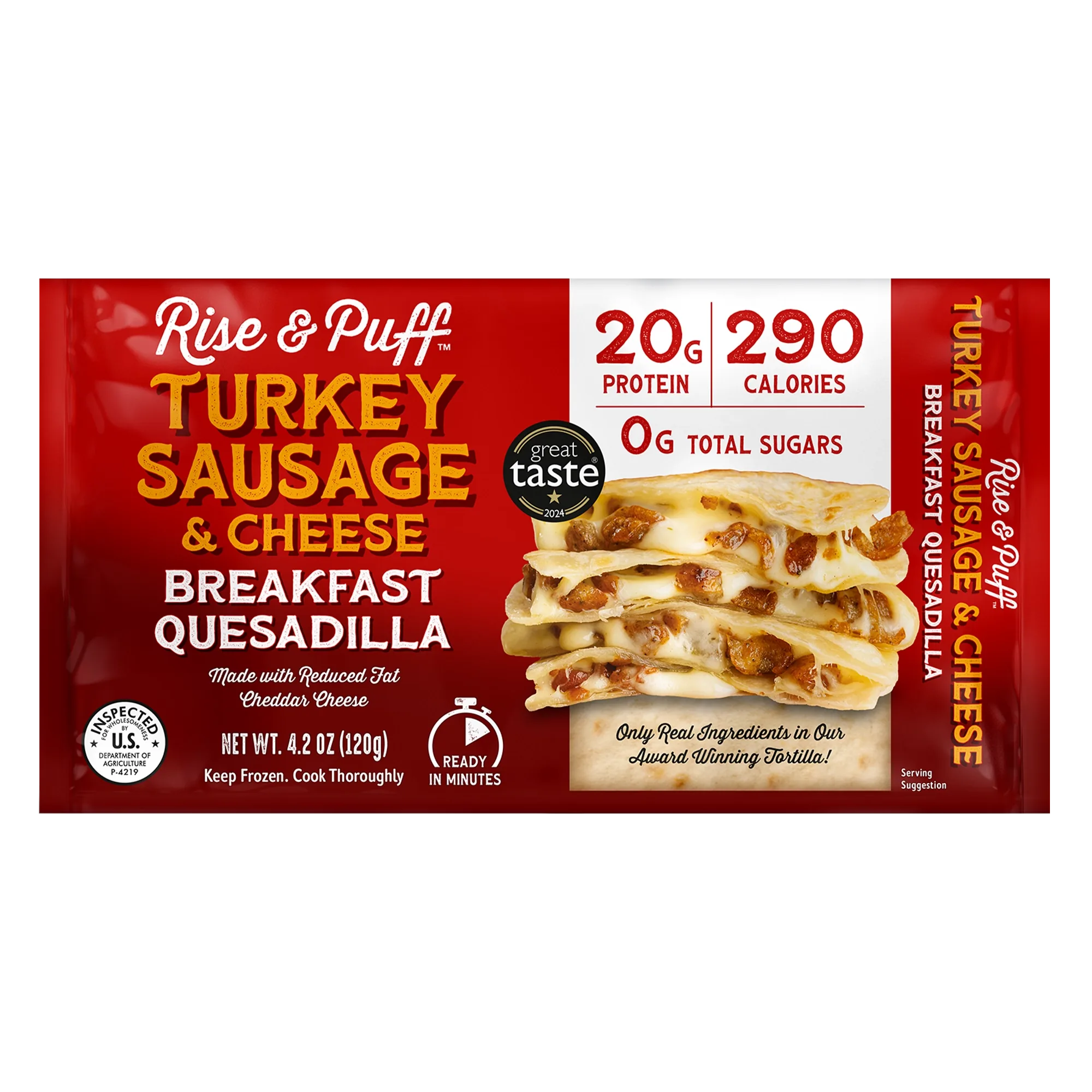Rise & Puff Turkey Sausage & Cheese Breakfast Quesadilla front packaging — 4.2 oz single-serve frozen breakfast quesadilla with 20g protein and 290 calories