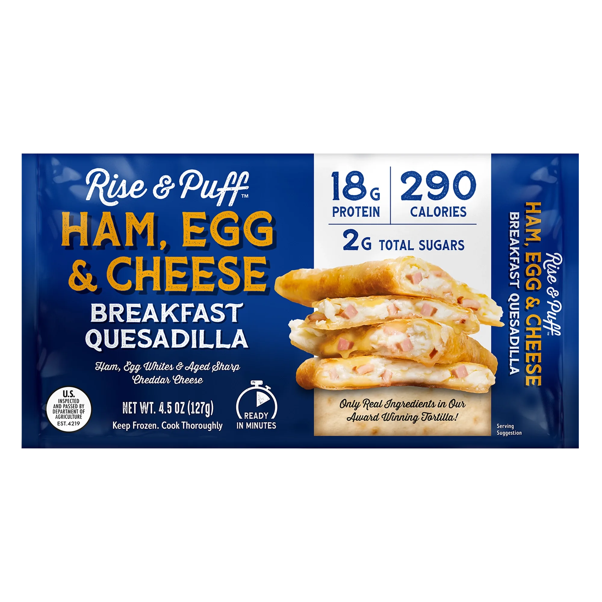 Rise & Puff Ham, Egg & Cheese Breakfast Quesadilla front packaging — 4.5 oz single-serve frozen breakfast quesadilla with 18g protein and 290 calories
