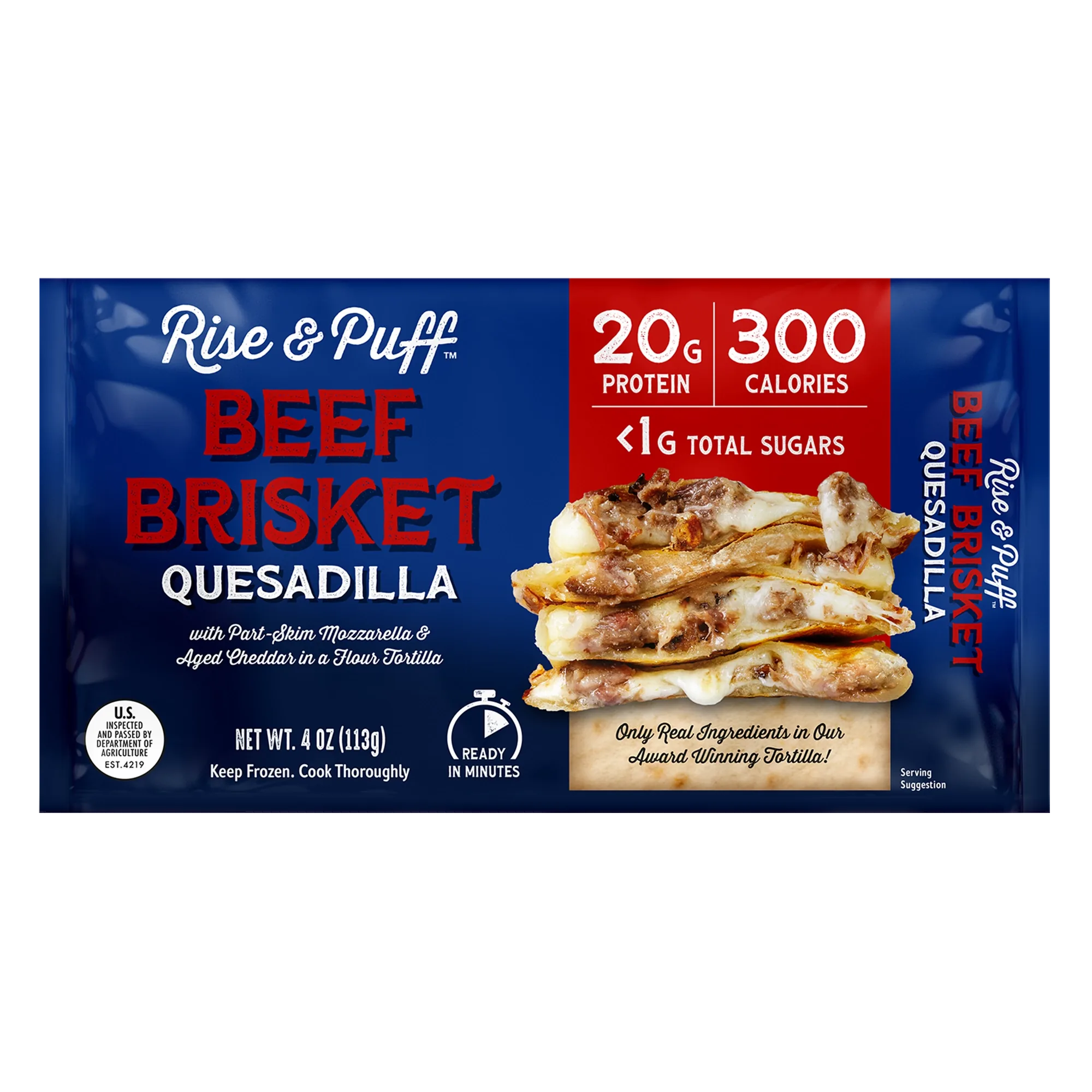 Rise & Puff Beef Brisket Quesadilla front packaging — 4 oz single-serve frozen quesadilla with 20g protein and 300 calories