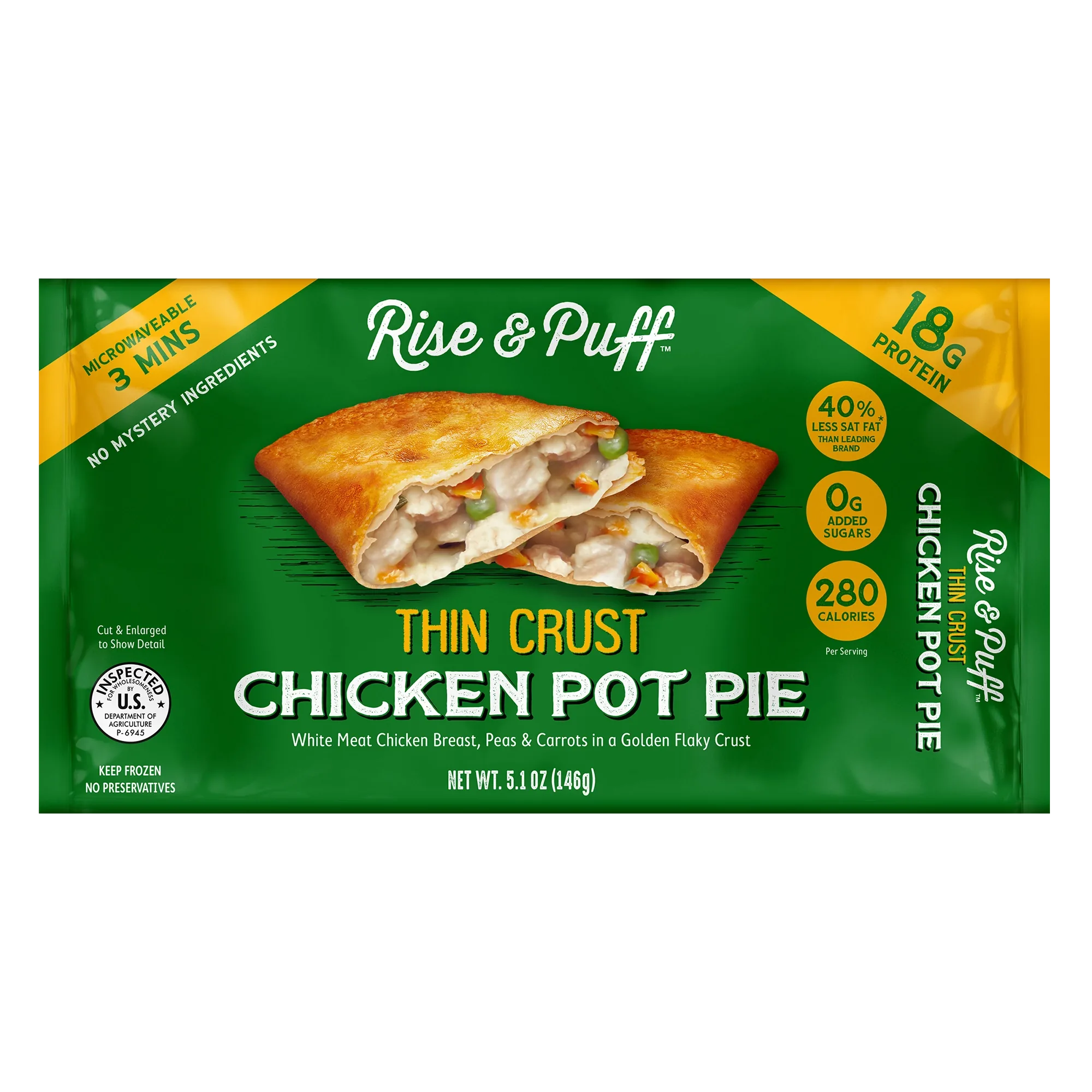 Rise & Puff Thin Crust Chicken Pot Pie front packaging — 5.1 oz single-serve frozen handheld pot pie with 18g protein and 280 calories