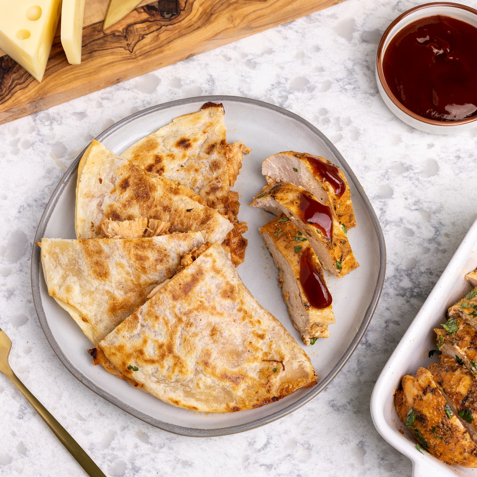 Healthier bbq chicken quesadilla on a plate