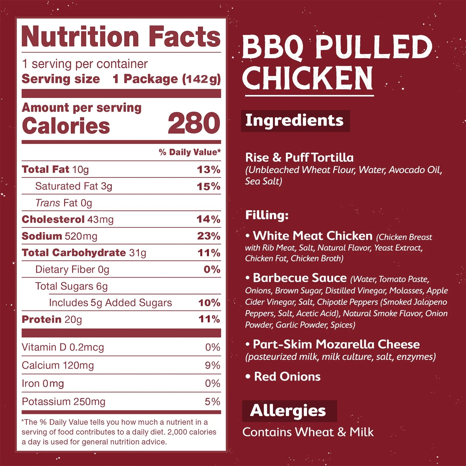 Rise & Puff BBQ Chicken Quesadilla nutrition facts and ingredients panel — 20g protein, 280 calories, 6g sugars