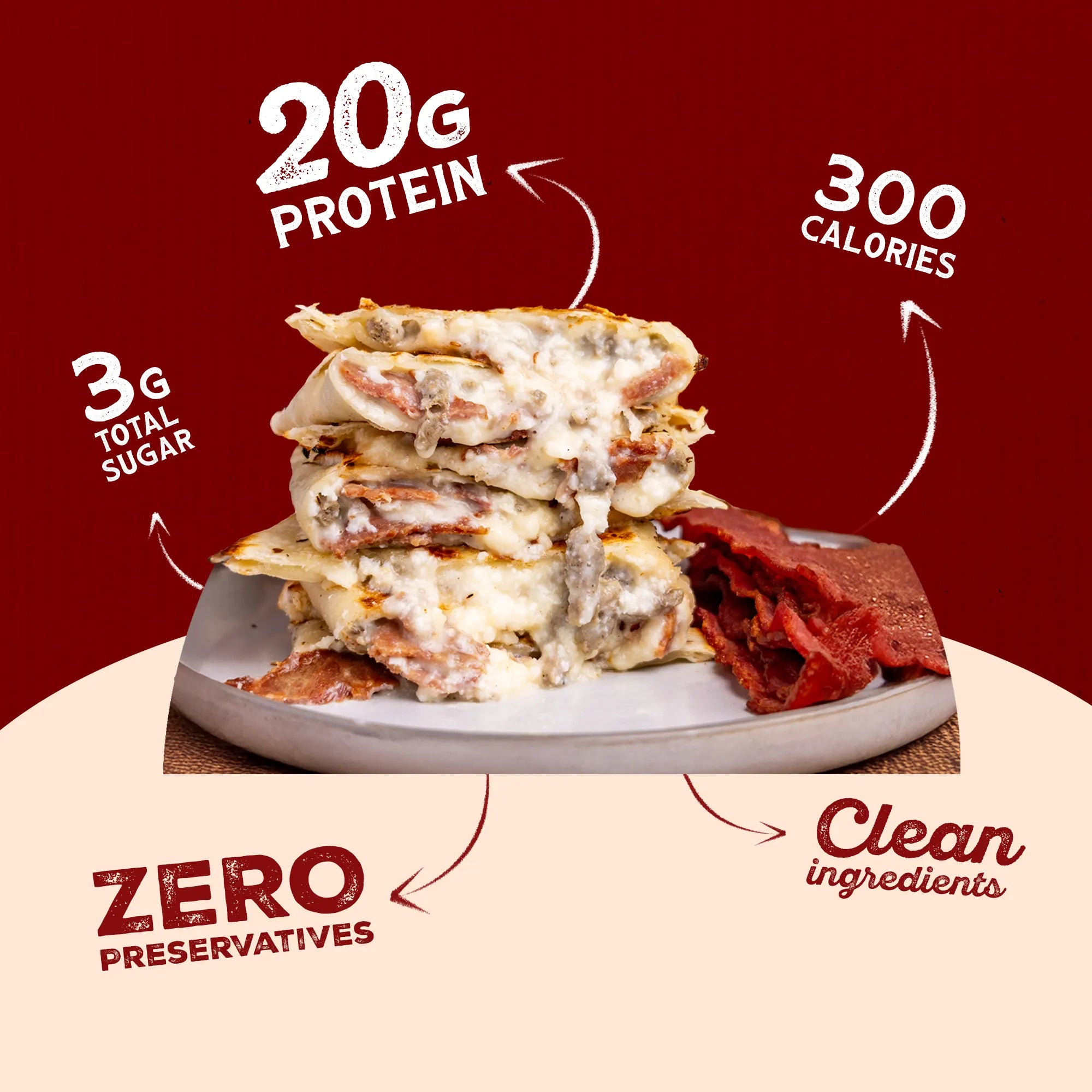 Stack of breakfast quesadillas with nutritional information on a red background. High protein and low calorie meal. Zero preservatives.